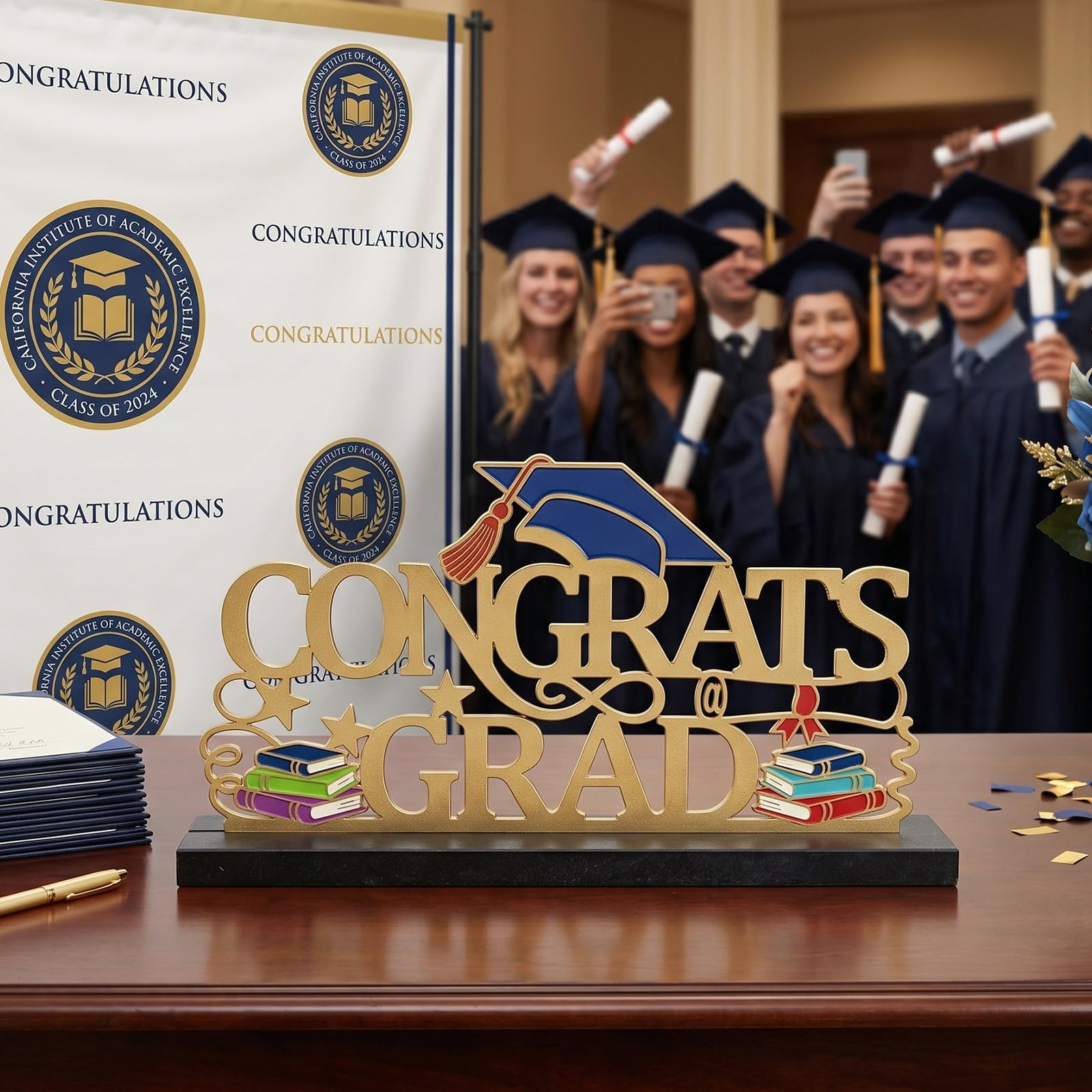 Metal Congrats Grad Sign Base in legno, 30 x 16,5 cm oro 2026 decorazioni per tavolo di laurea, centrotavola per feste al chiuso, mensola per laurea, foto, scrivania, scuola, università