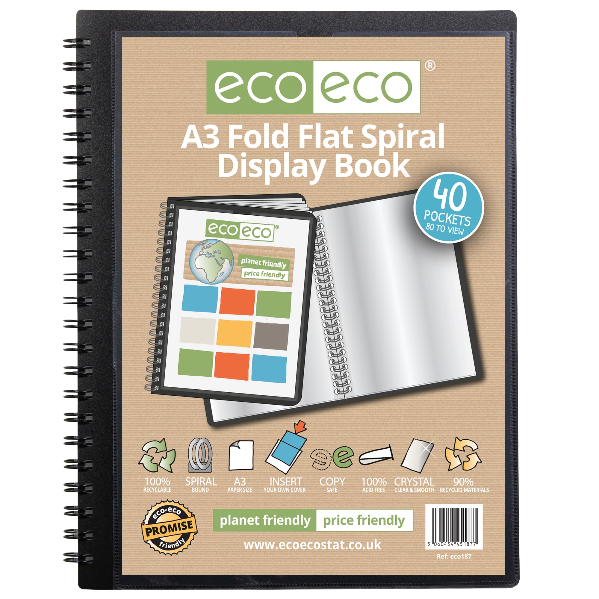 eco-eco A3 90% recycled 40 pocket Fold Flat Spiral Bound display book, eco187, Black