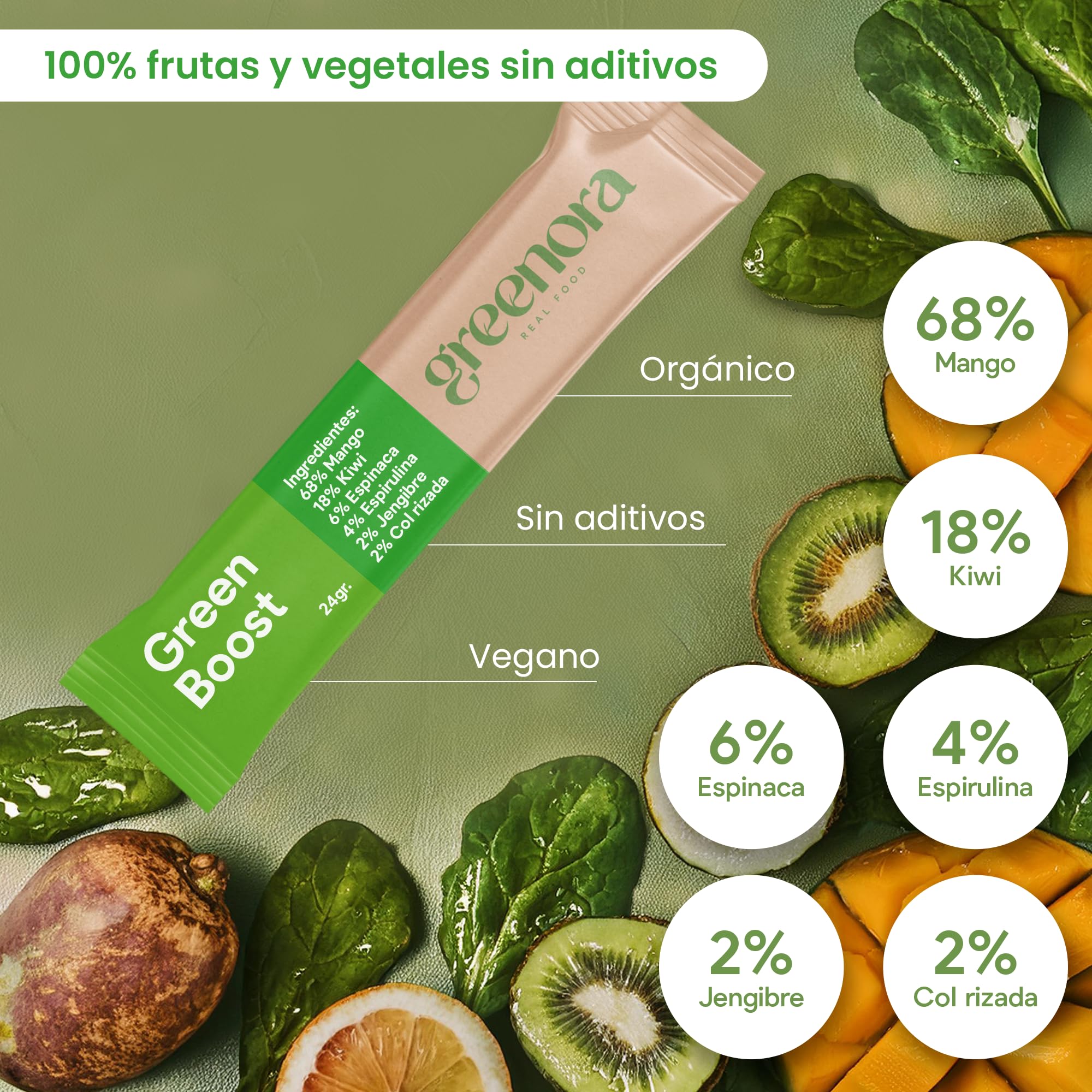GREENORA Smoothie Vegano de Fruta Liofilizada, Mix de Sabores, Fresa, Manzana, Espirulina, Kiwi, Mango y Plátano en Polvo, Ideal para Recetas, Sin Azúcar ni Aditivos, 9 Unidades (Sticks)