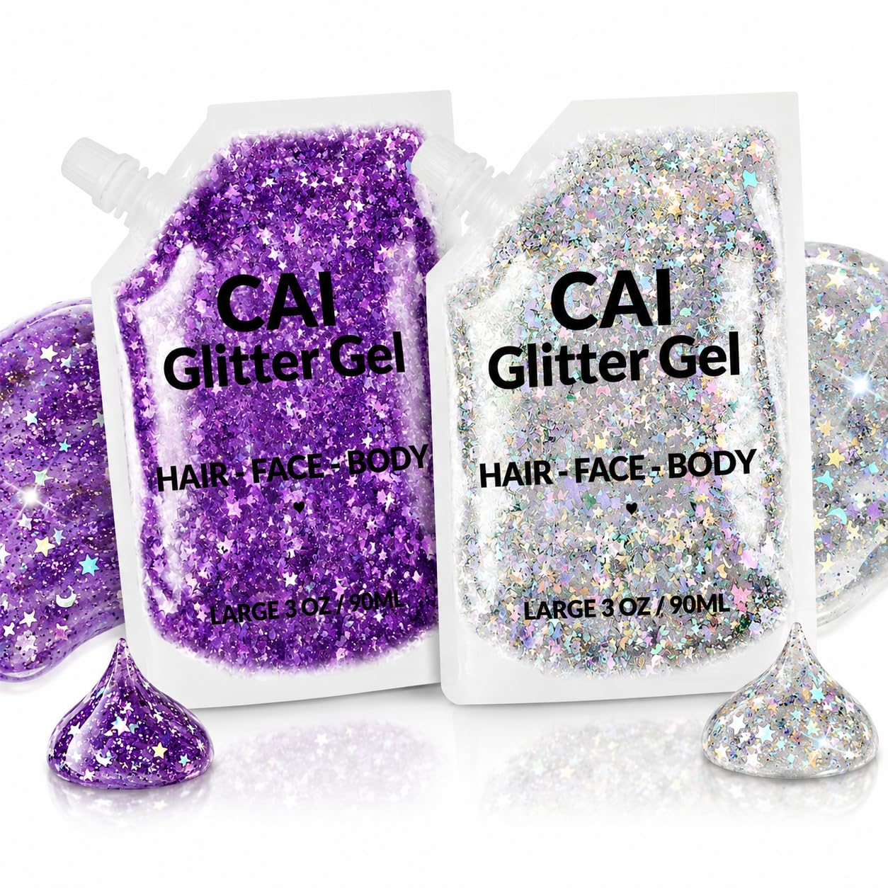 Body Glitter Gel- Face, Body & Hair (2 PK Silver/Violet) Chunky Iridescent Holograph Stars & Moon, 6 oz | Cosmetic-Grade Makeup, Apply Without Glue, Easy to Take Off & Keep Skin Clean - for Raves