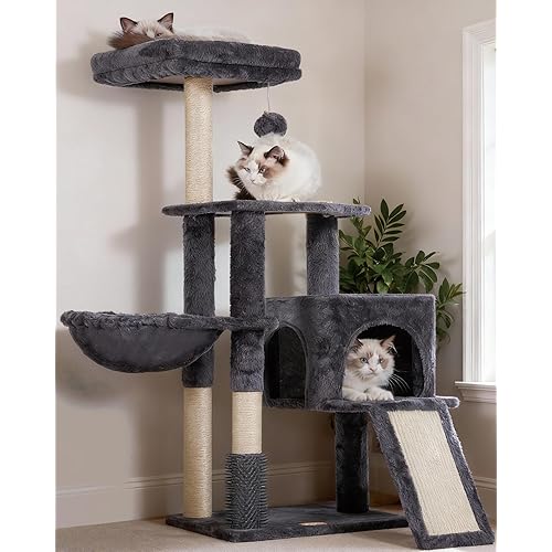 Heybly Cat Tree with Cat Self Groomer Brush, Cat Tower Condo for Indoor Cats with Padded Plush Perch, Cat House with Basket Scratching Board Post, Smoky Gray HCT005SG