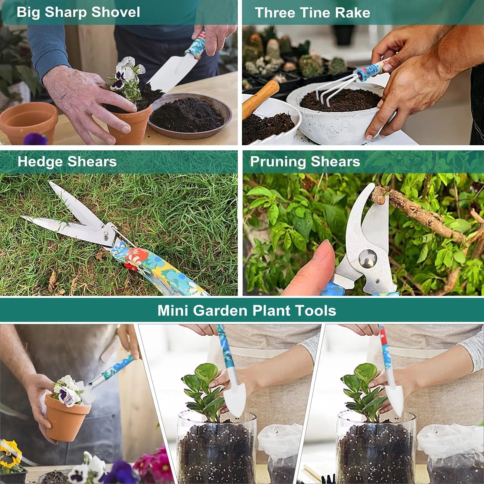 Juego de herramientas de jardinería - Diseño floral de 10 piezas - Perfecto para mujeres, niños, principiantes - Incluye estuche, paleta, podadora, rastrillo y más.