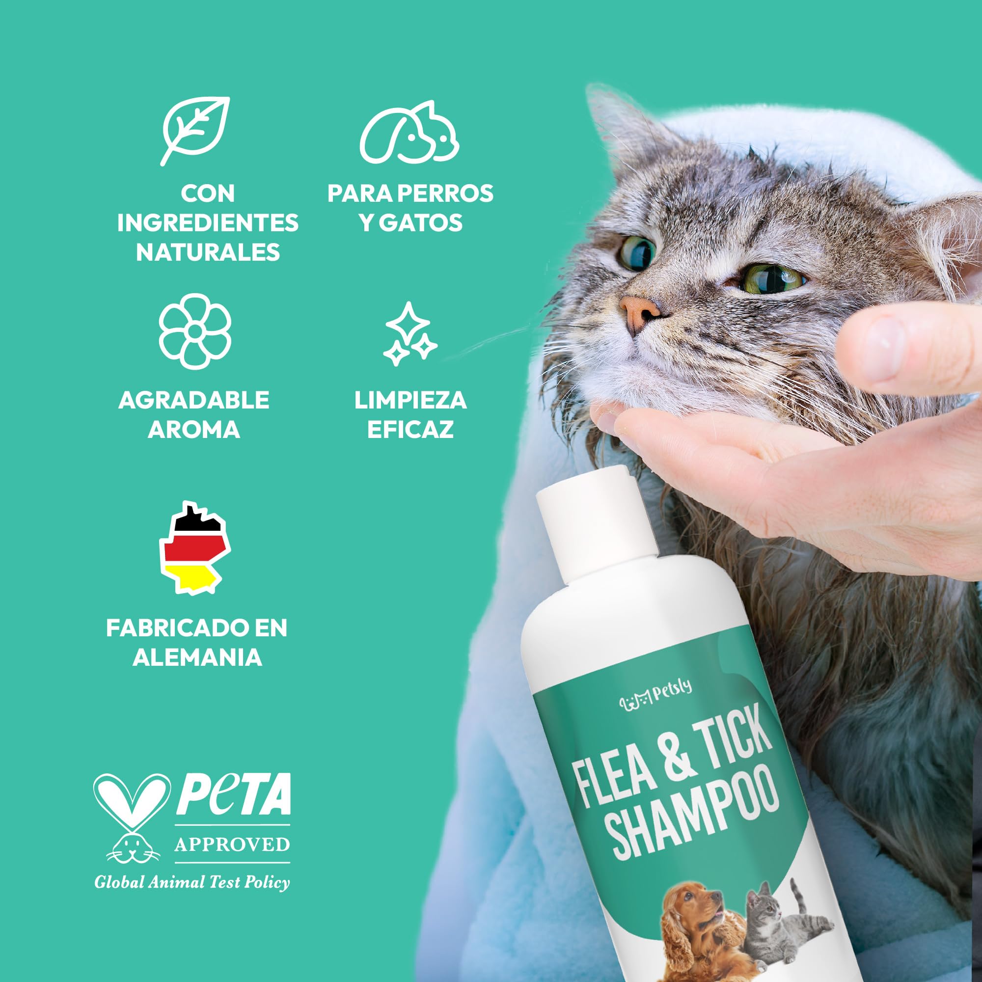 Petsly® Champú Antipulgas para Perros y Gatos - Fórmula Natural con Geraniol y Árbol del Té - Control de Pulgas y Garrapatas - Hidratante y Suave para la Piel - 500 ml - Apto para Todas Las Razas