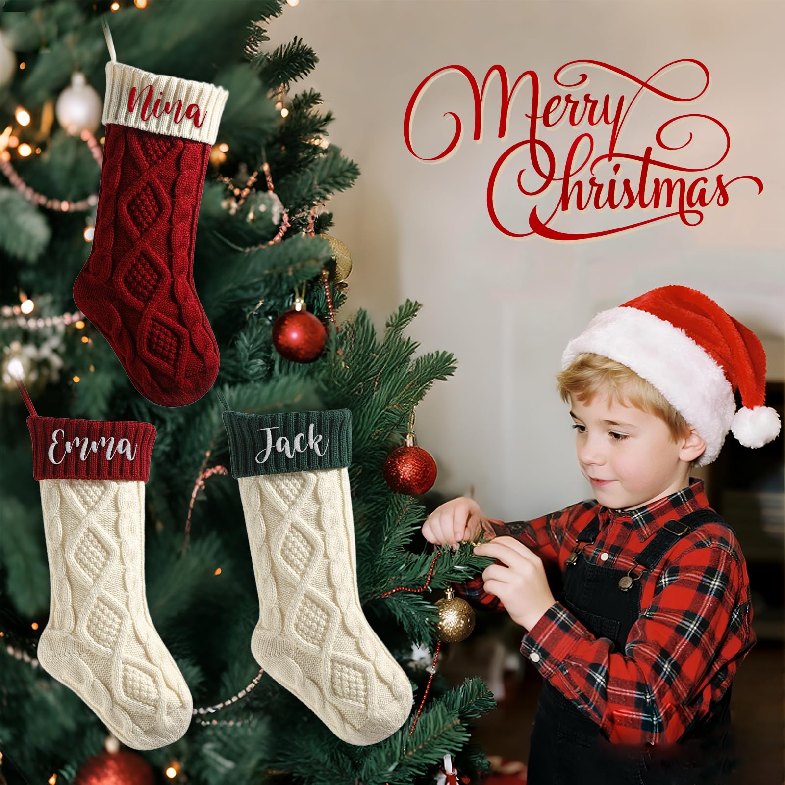 Calcetines Navidad Personalizados - Calcetin Navidad Personalizado con Nombre, Personalizados Medias Navideñas Colgantes, Decoraciones Personalizado para Familiares de Fiesta (4 Piezas)