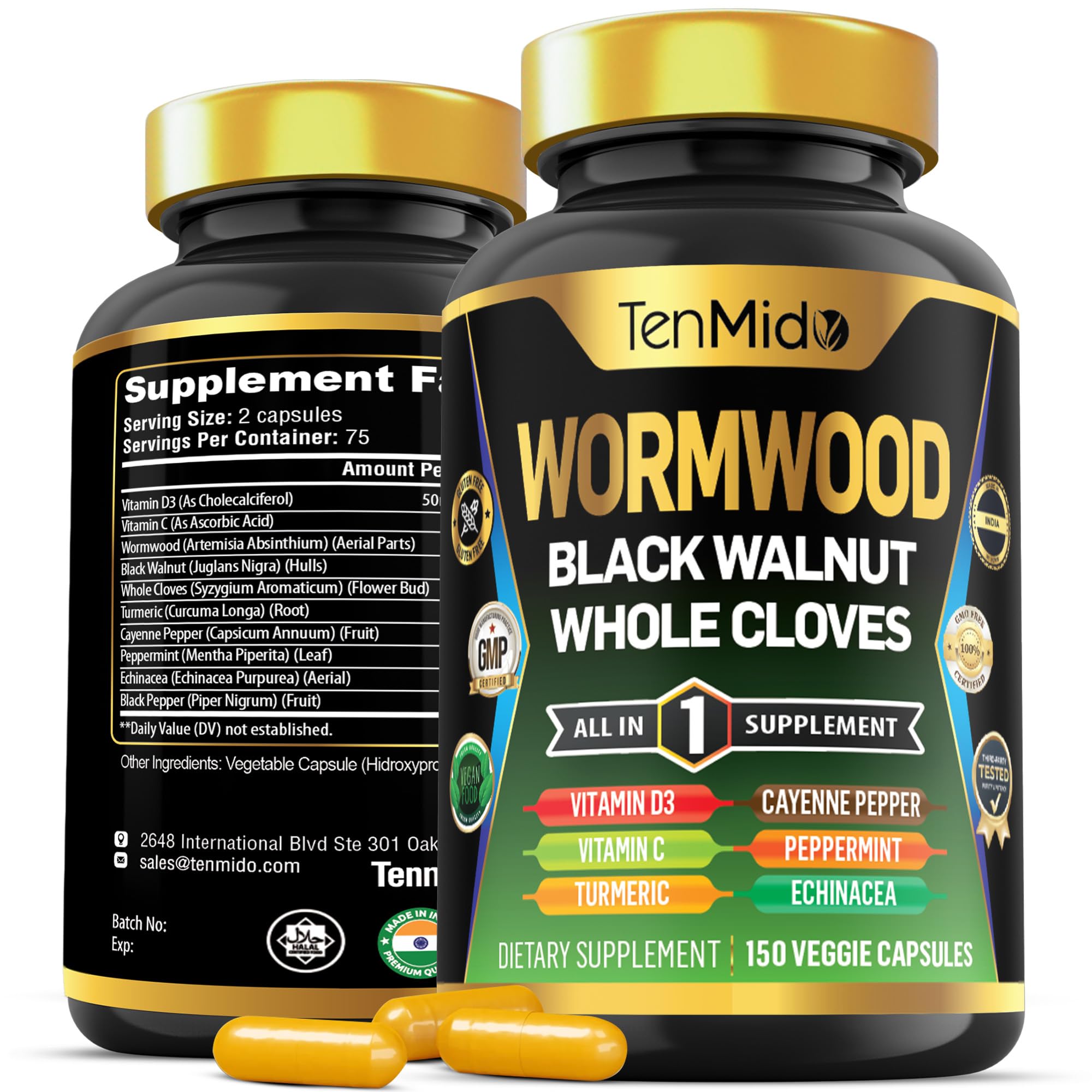 Wormwood Capsules Supplement for Men and Women, 10in1 Formula with Black Walnut, Whole Cloves, Turmeric, Cayenne Pepper & More - 150 Capsules