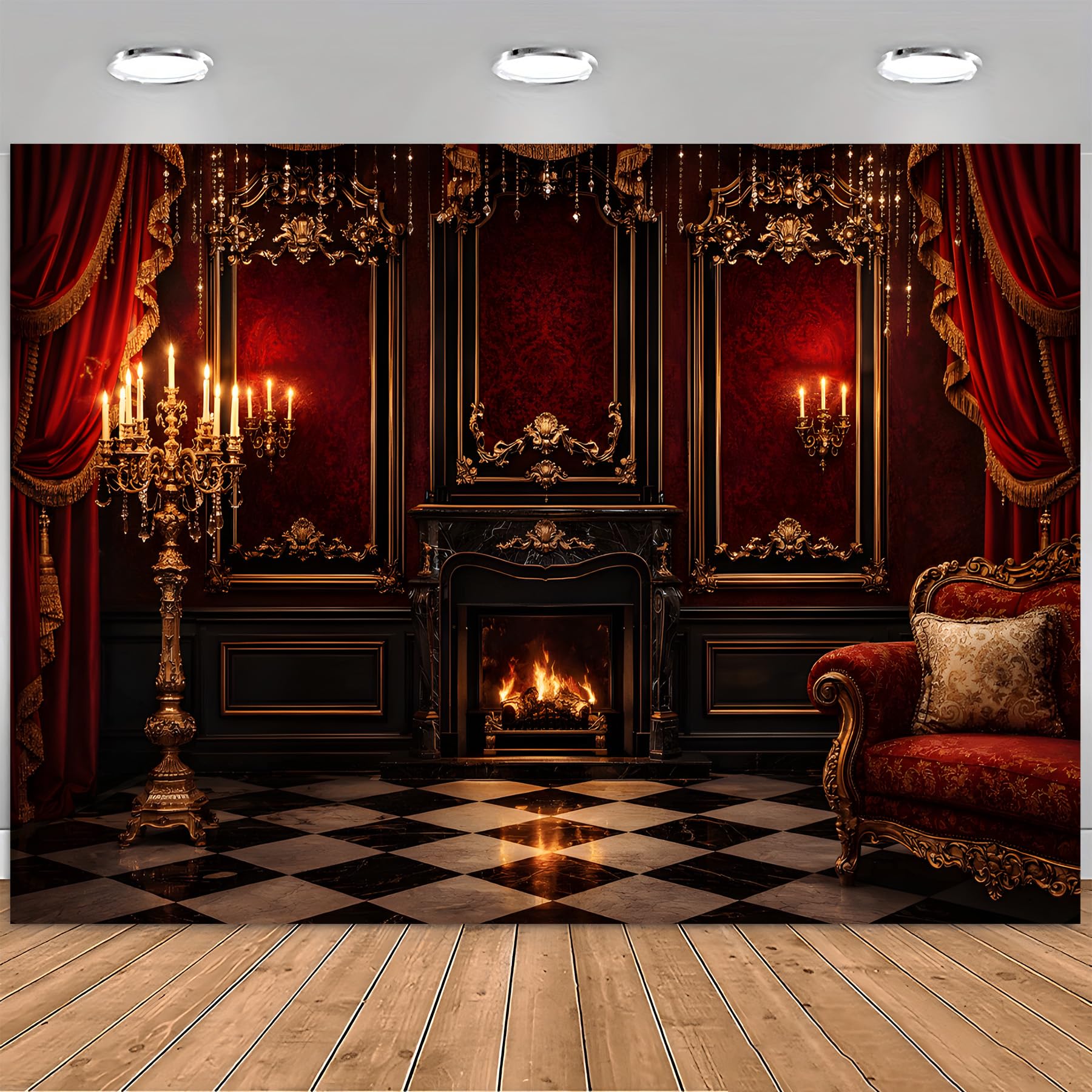 Vintage Palace-Style Backdrop Featuring Golden Carved Fireplace, Red Velvet Sofa, Golden Candlesticks, and Crystal Chandelier at the Center. The Background Is Adorned with Deep Red Wallpape-image-11