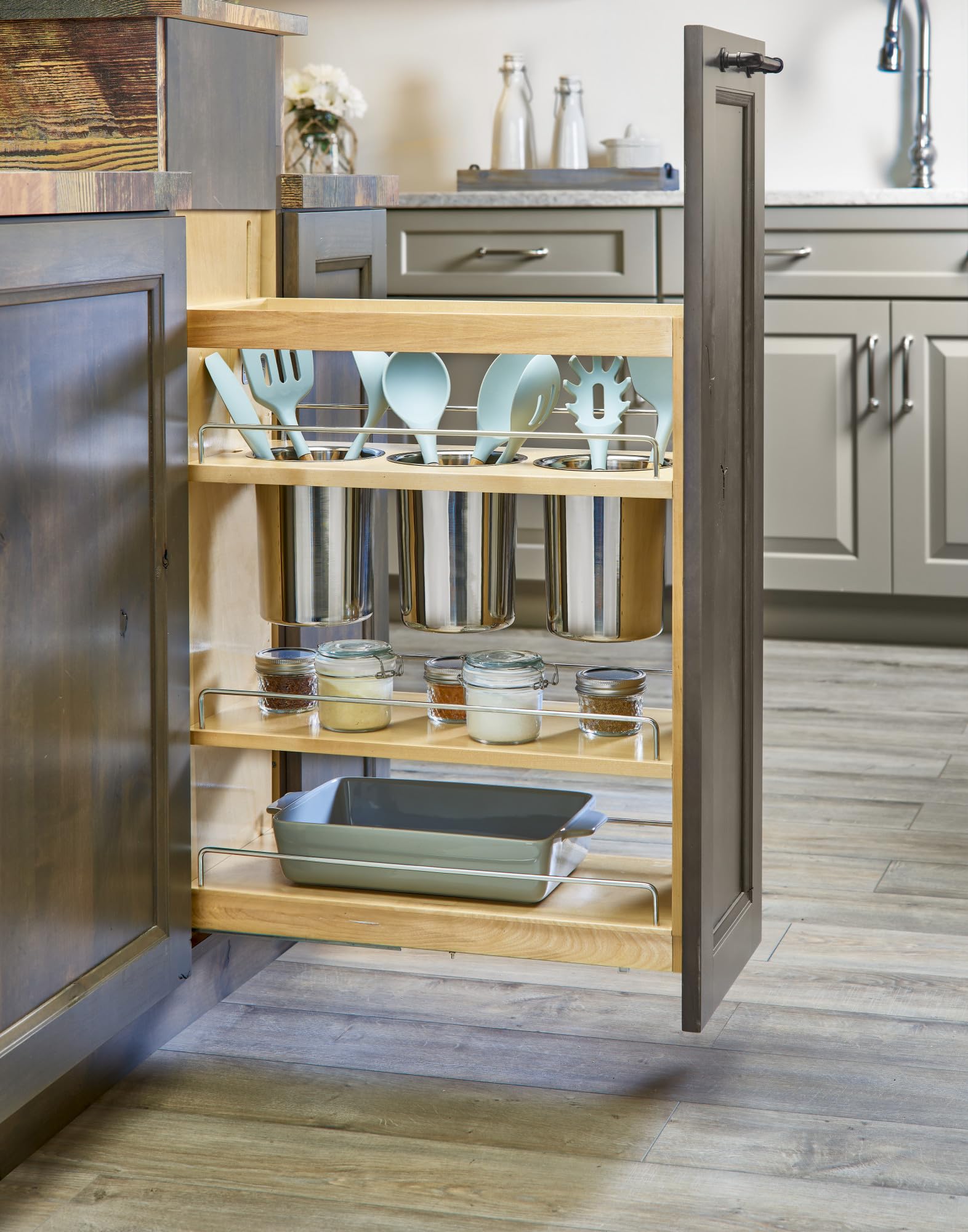 Rev-A-Shelf Wood Base Cabinet Utensil Pullout Organizer w/Soft-Close