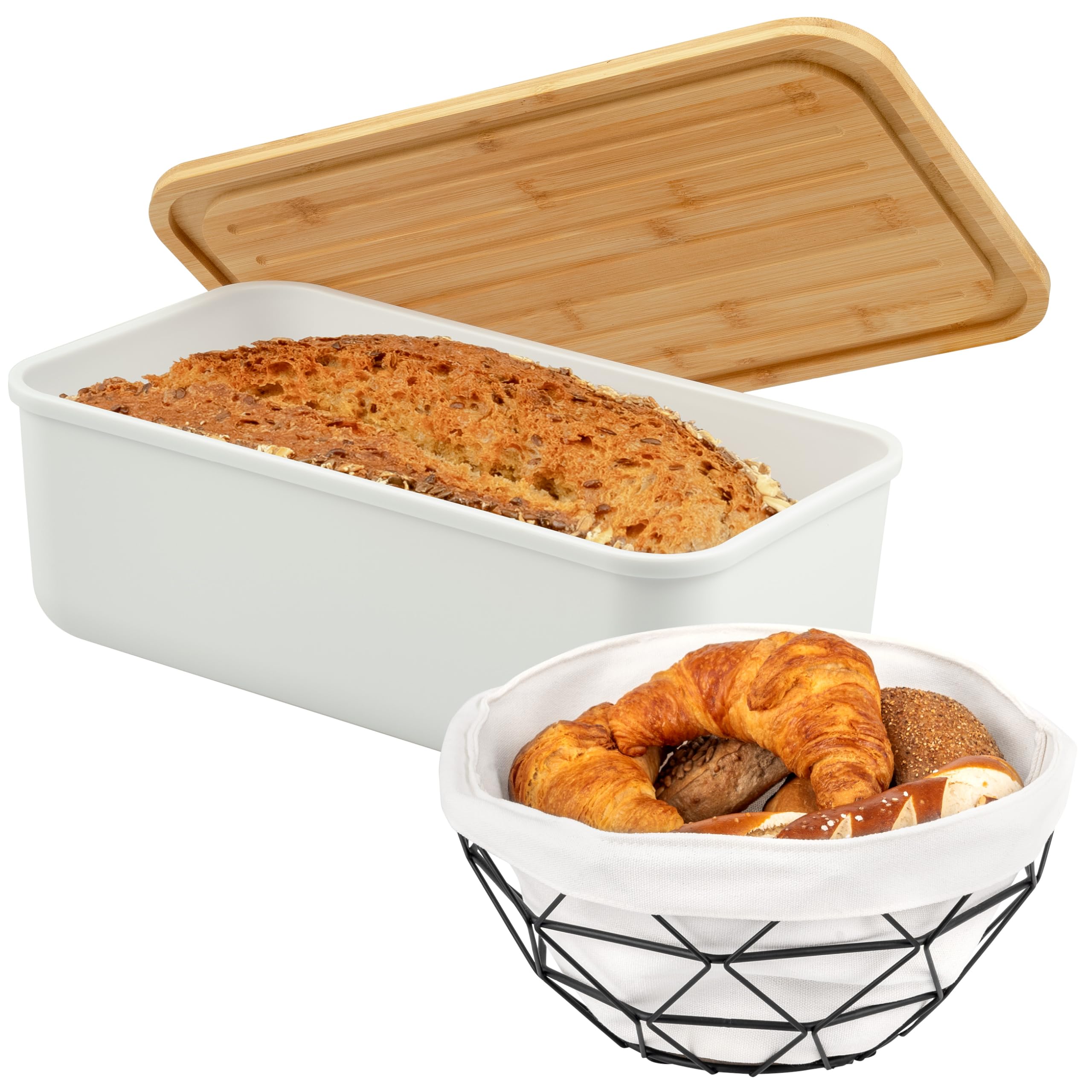 eluno Juego de 2 paneras: panera cuadrada de plástico blanco y cesta de metal con funda de tela lavable, ideal para pan, frutas, verduras y aperitivos
