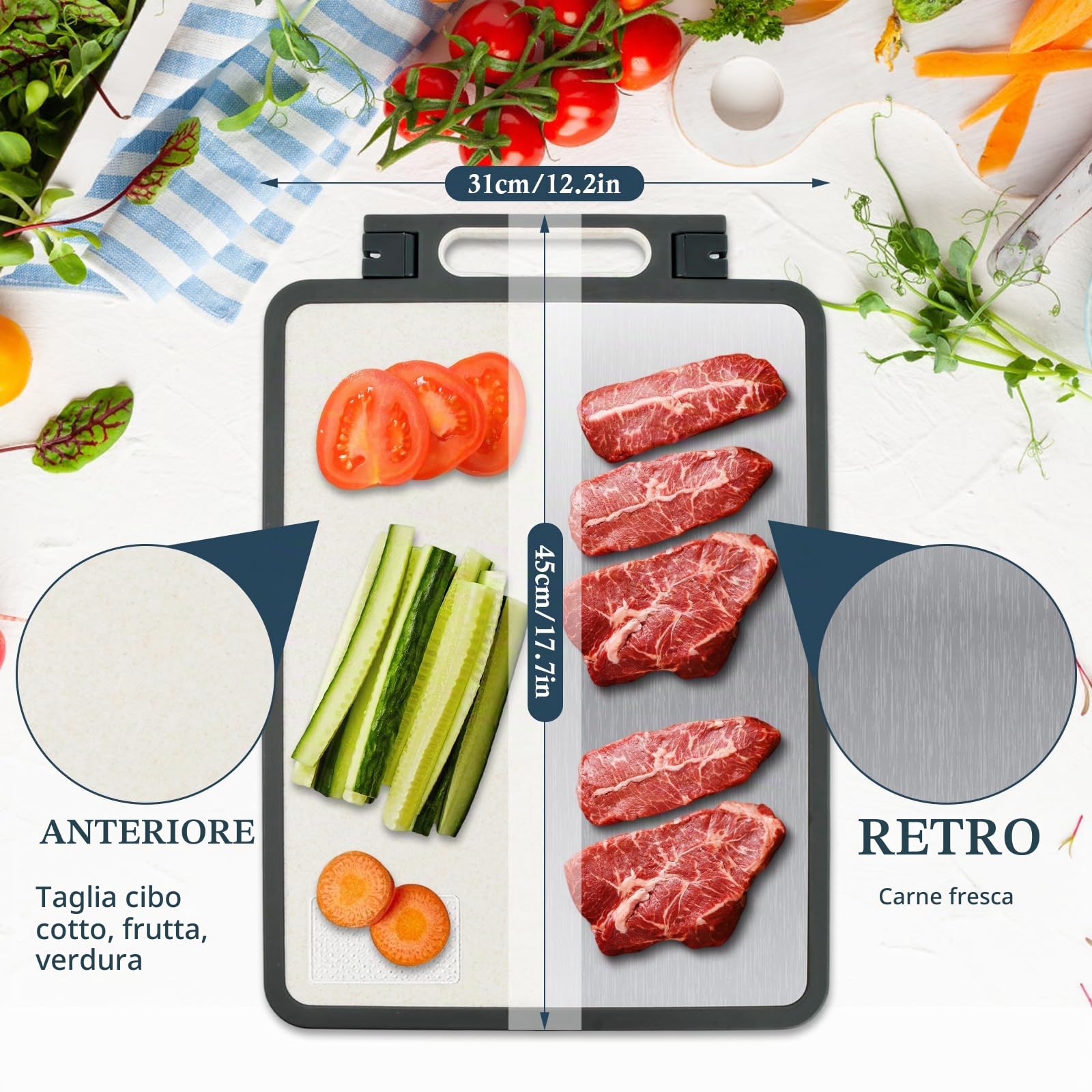 2 in 1 Tagliere Acciaio Inox Bifacciale, Tagliere da Cucina Professionale, Tagliere per la Cucina, Tagliere in Acciaio Inox Alimentare per Carne/Frutta/Verdura - 45 x 31 cm (A)