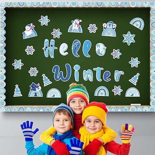 Miniatura 6 de Juego de 112 piezas de tablón de anuncios de invierno con temática de arcoíris decoración de tablón de anuncios de Navidad copo de nieve recortes de