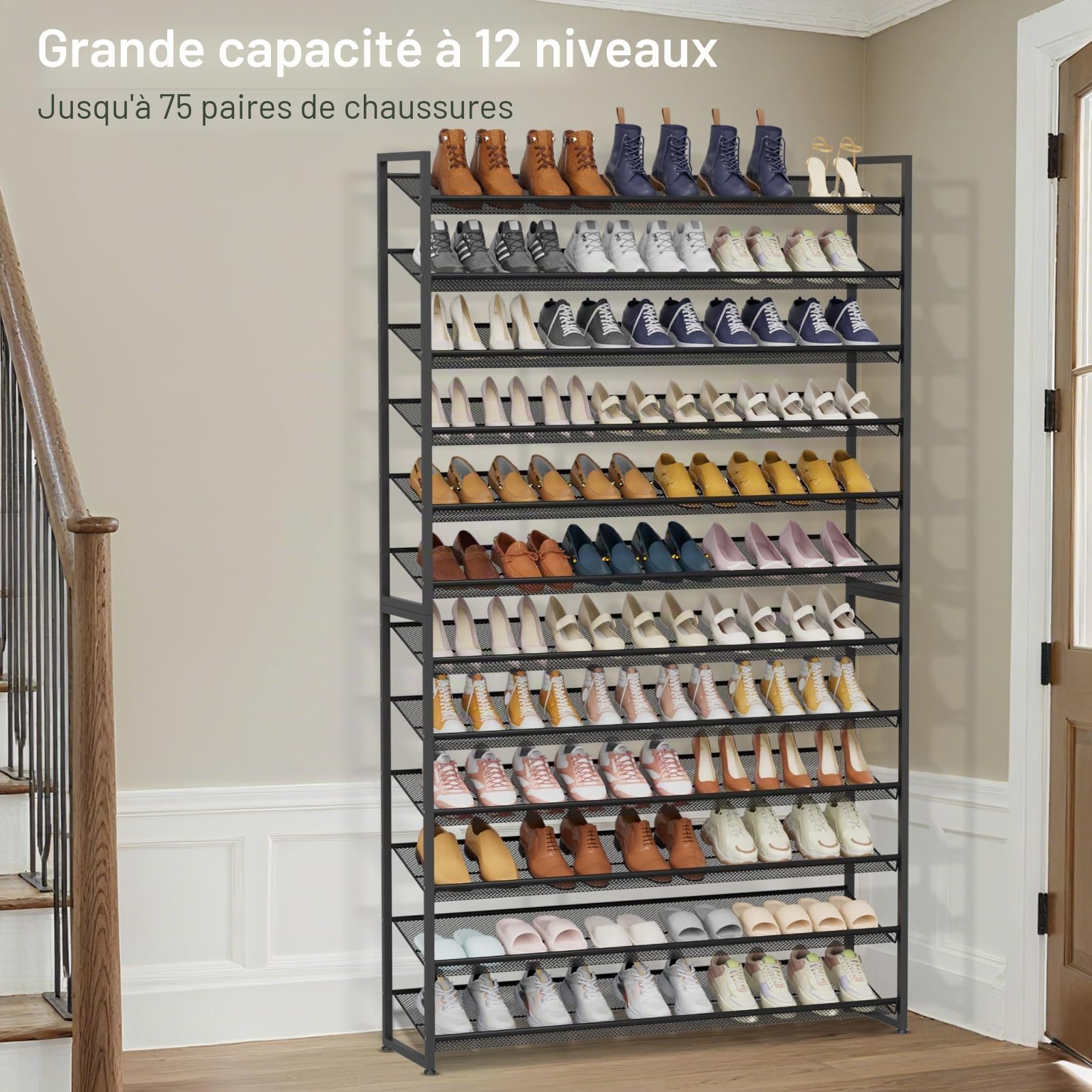 Grande étagère à chaussures à 12 niveaux, en métal robuste, empilable, étagère à chaussures verticale à 6 niveaux, pour placard, porte d'entrée, jusqu'à 75 paires, 113,8 x 29 x 216,2 cm (l x P