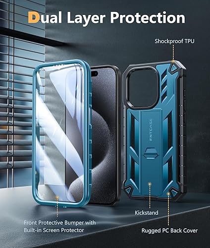 Miniatura 7 de FNTCASE Funda para iPhone 15 Pro funda protectora resistente de grado militar a prueba de caídas para teléfono celular con soporte y protector