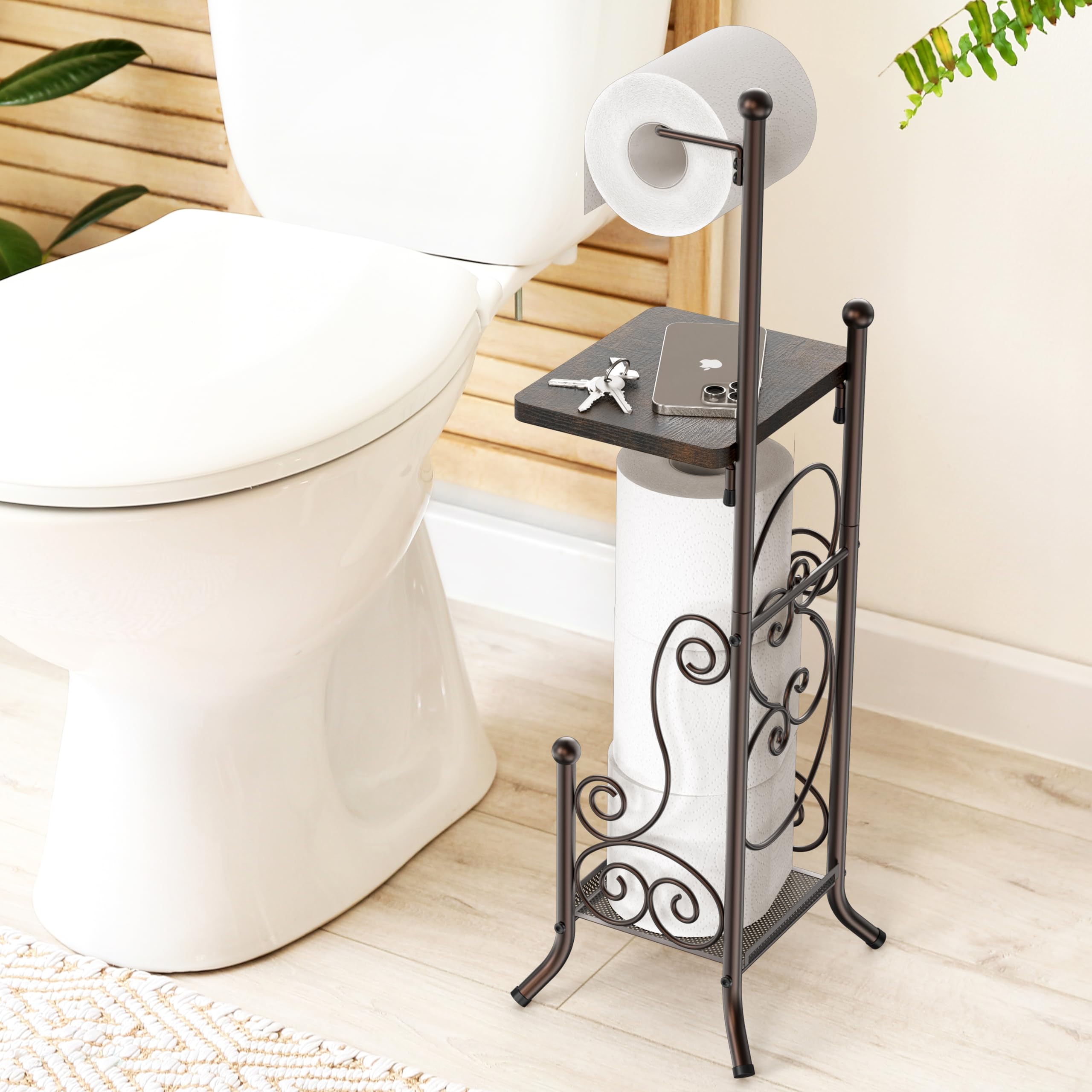 Simple Houseware English Style Toilet Paper Stand Holder w/Woodtop, Bronze — Amazon image 8