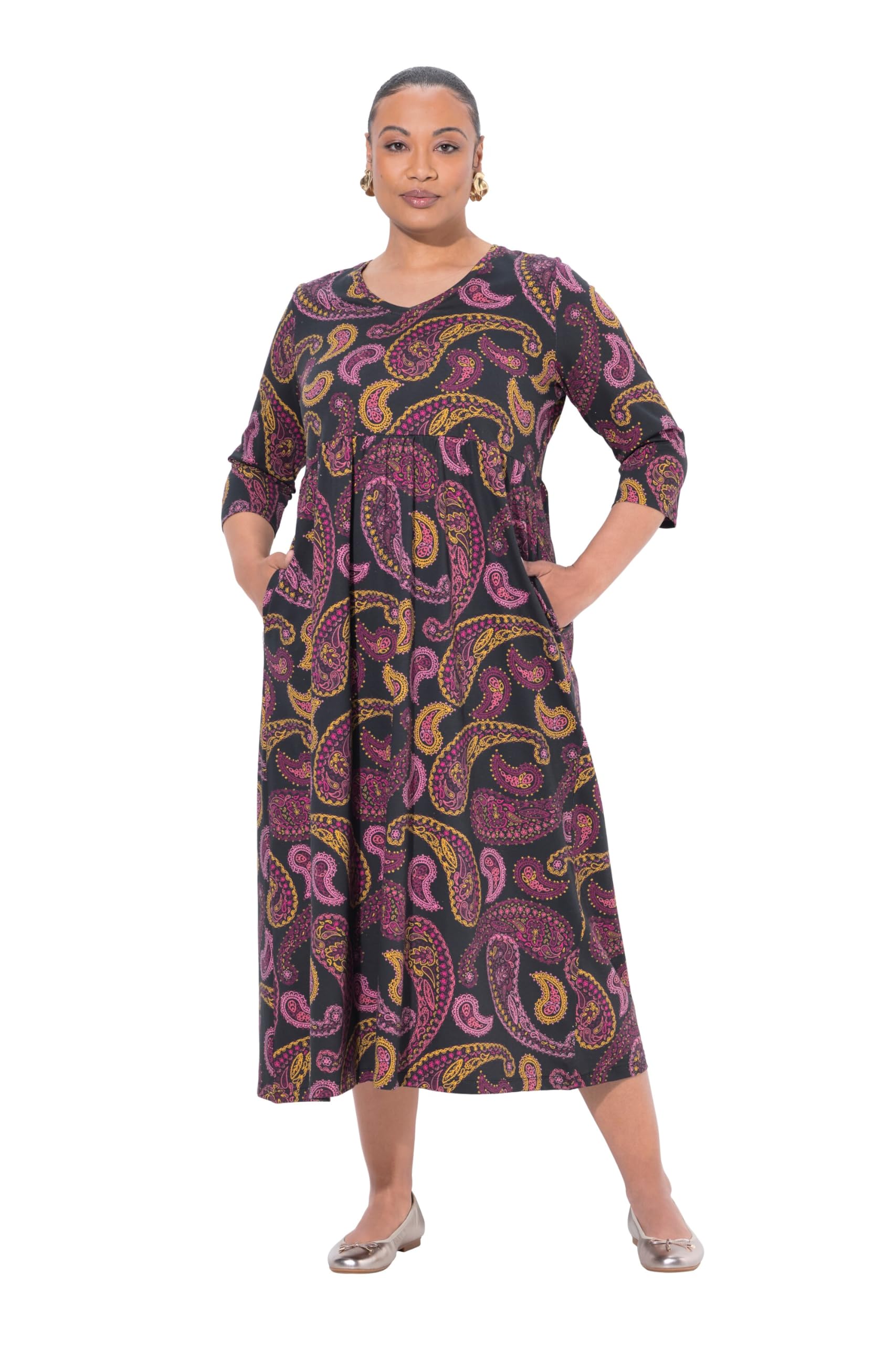 Ulla Popken Damen große Größen Übergrößen Plus Size Jersey-Maxikleid, A-Linie, V-Ausschnitt, 3/4-Arm 842716