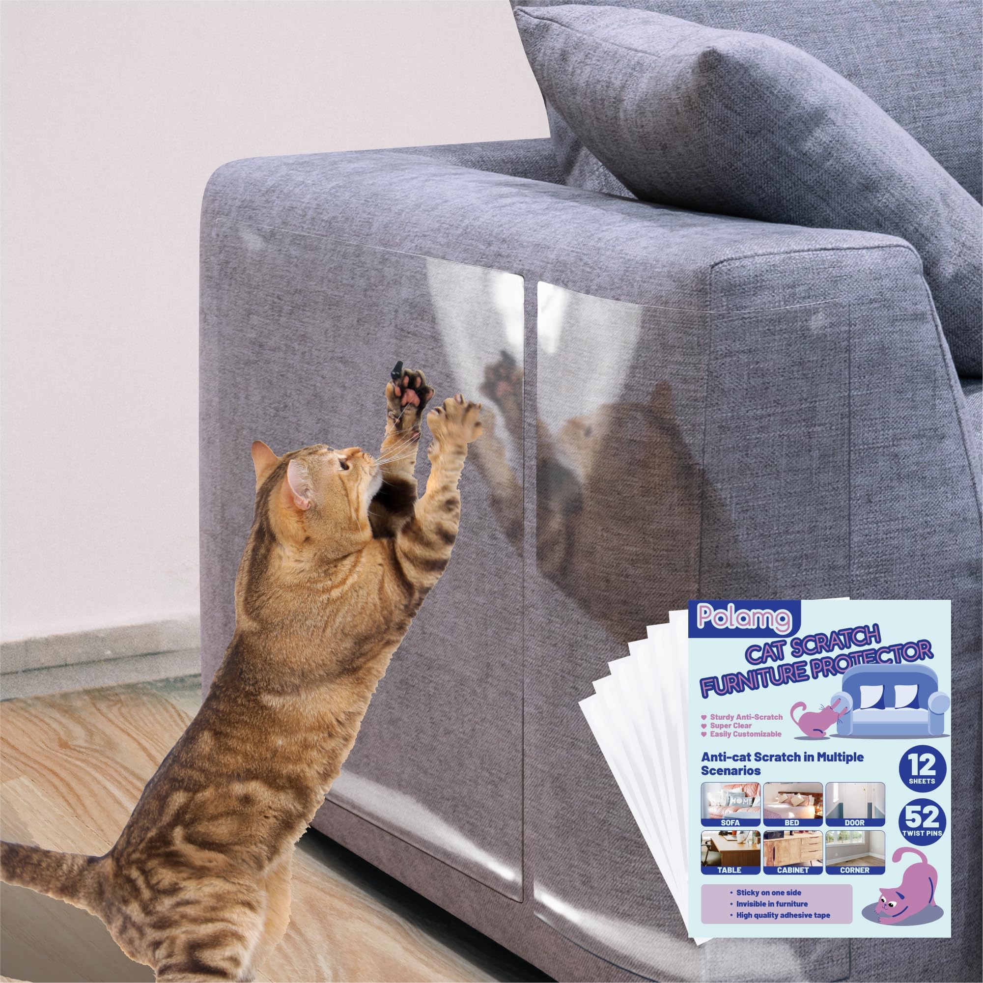 Anti-Cat Scratch Furniture Protector-12-Pack โSingle-Sided, Heavy-Duty Self-Adhesive Tape, No-Residue for Couch, Doors & Walls - with 52 Twist Pins