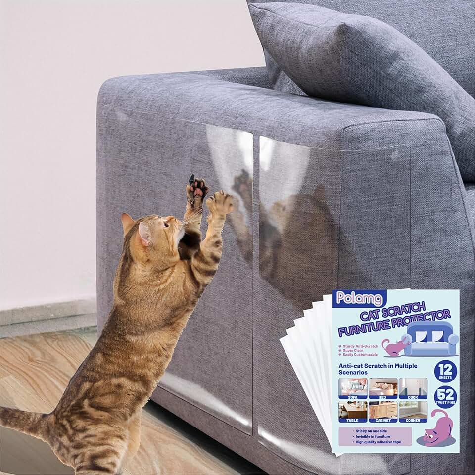 Anti-Cat Scratch Furniture Protector-12-Pack –Single-Sided, Heavy-Duty Self-Adhesive Tape, No-Residue for Couch, Doors &amp; Walls - with 52 Twist Pins
