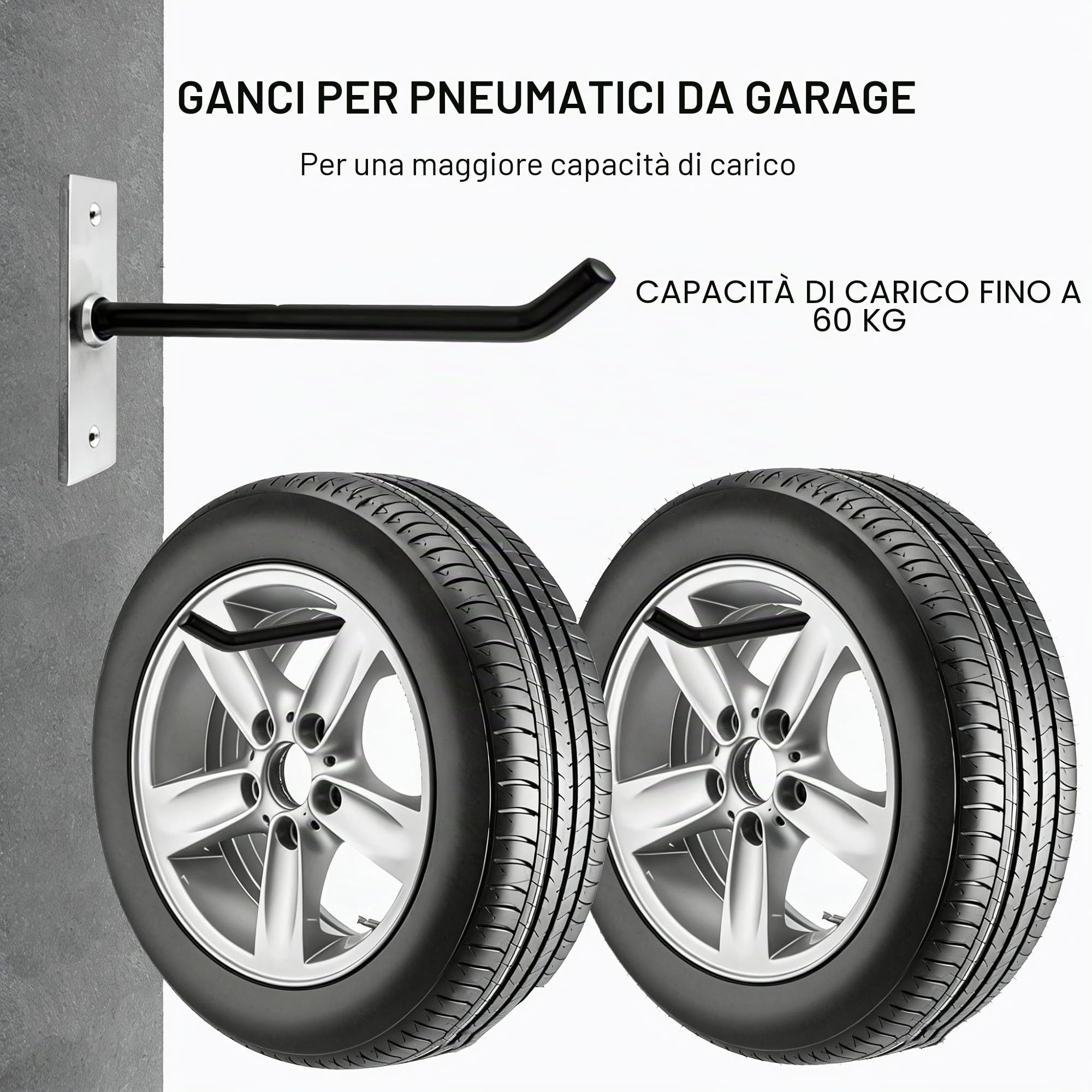 Sinoer 4 ganci da garage per riporre pneumatici, ganci da parete con viti e tasselli in metallo, supporto per pneumatici/cerchione per auto, nero