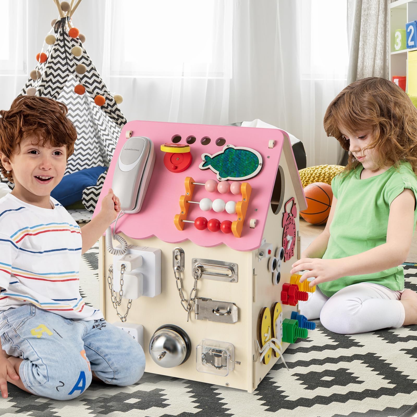 FANTASK Kinder Spielhaus Holz, Spielzeughaus mit Sinnesspielen & Stauraum, Lernspielzeug Montessori, Aktivitätswürfel für Kinder ab 2 Jahren