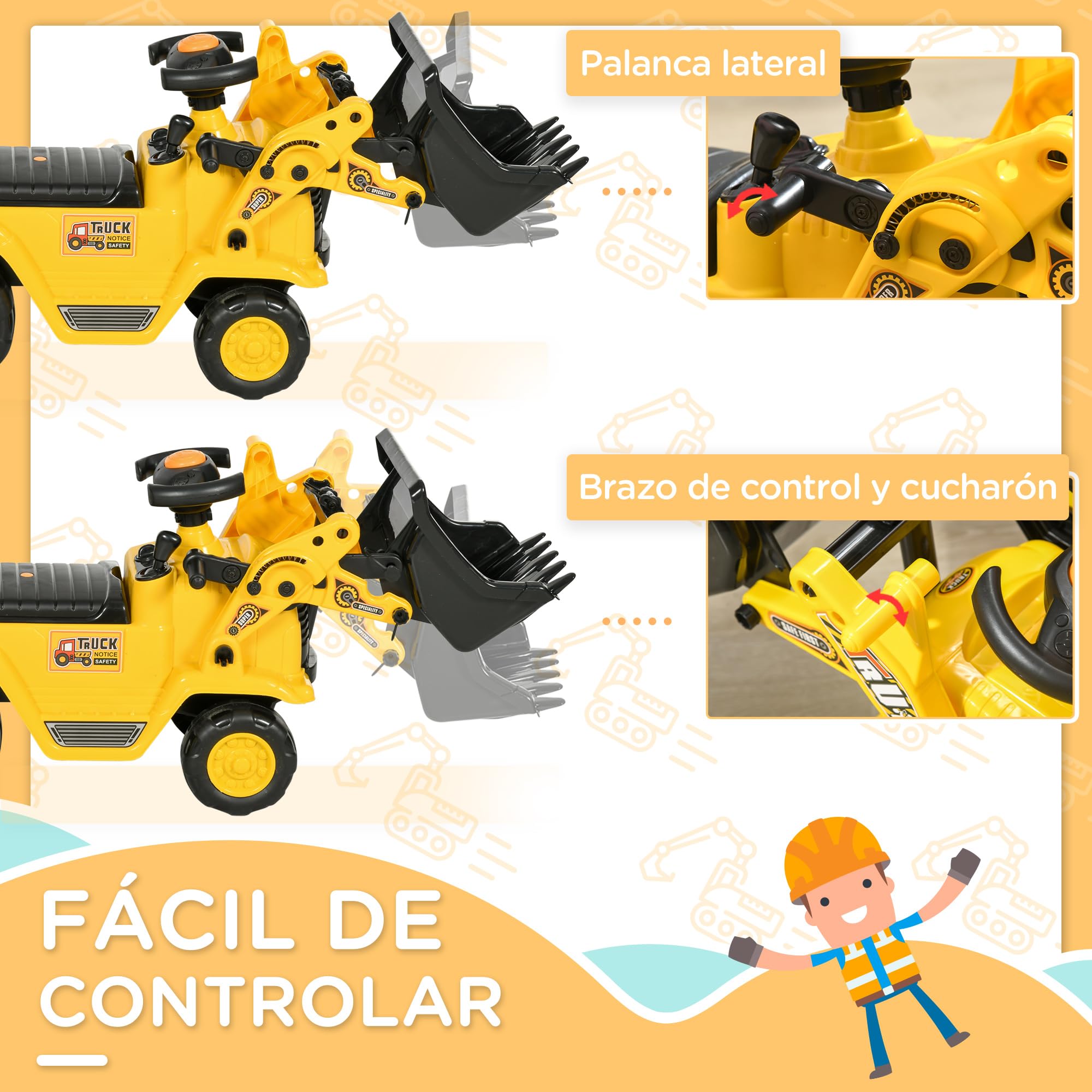 HOMCOM Tractor a Pedales para Niños de 18 a 48 Meses, Excavadora para Niños con Pala Delantera, Bocina, Volante y Compartimento Oculto bajo el Asiento, Carga 30 kg, 80x26,5x39 cm, Amarillo