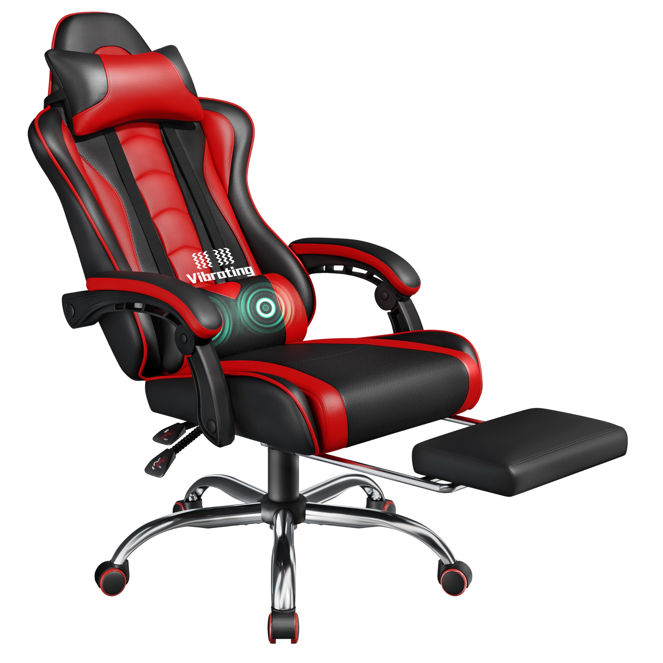 Yaheetech Sedia Gaming Ergonomica Massaggiante Reclinabile con Poggiapiedi Poggiatesta e Supporto Lombare Braccioli Imbottiti in Finta Pelle, Poltrona Gamer da Scrivania con Ruote Girevole Rosso