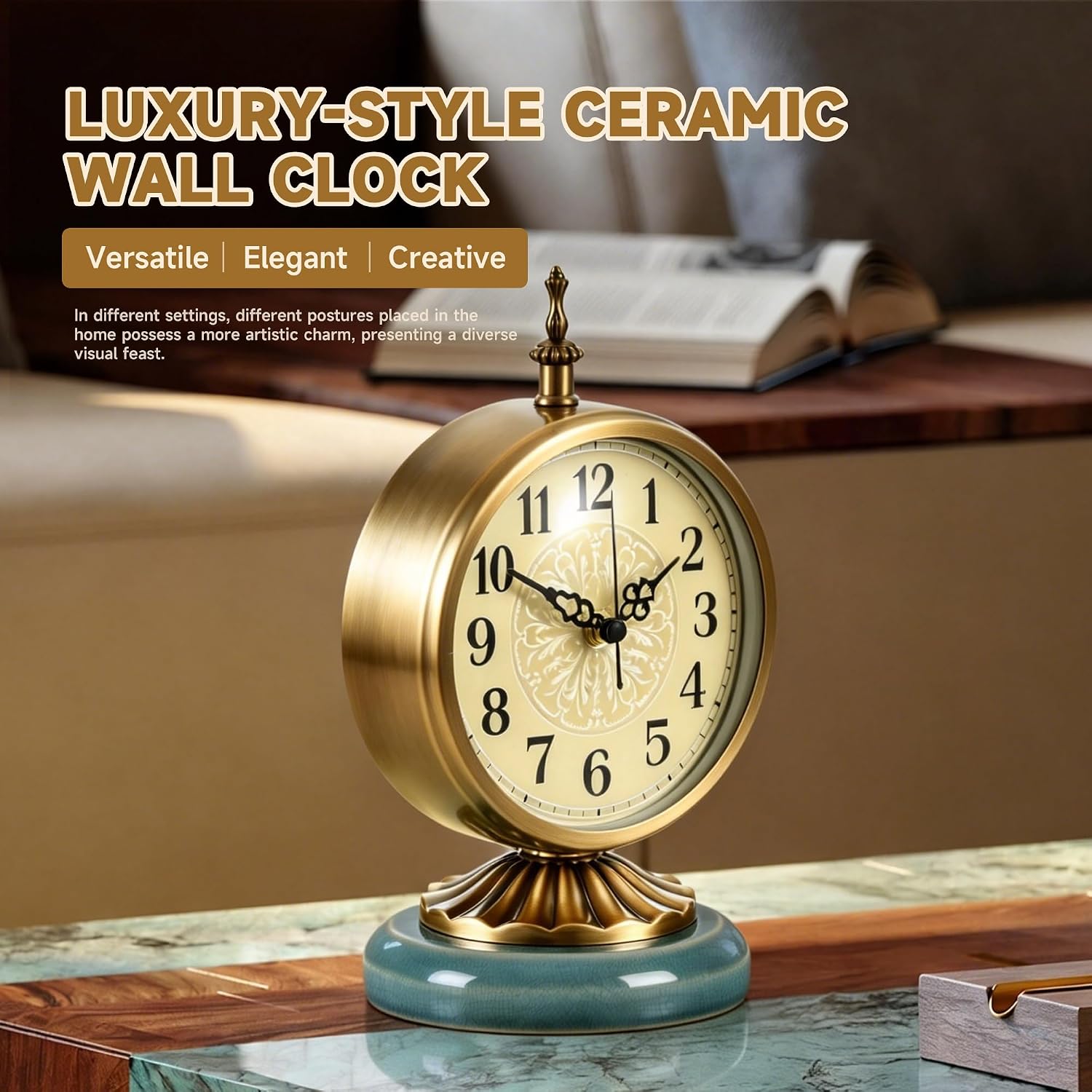 Vintage Gold Desk Clock with Teal Ceramic Base, 6.5" Round | Silent Non-Ticking, Antique Battery Operated, For Bedroom, Living Room, Office