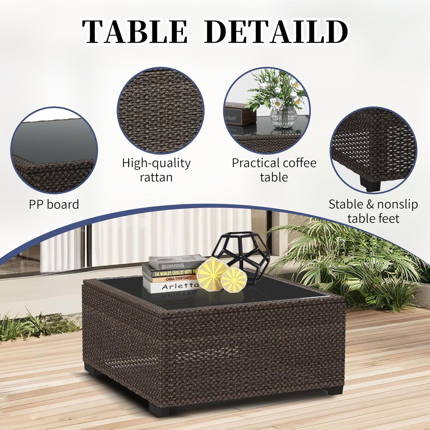 6 Pieces Wide Armrest Patio Furniture Set, Rattan Sectional Furniture with Thickened Cushions, Outdoor Patio Conversation Sets for Backyard, Poolside, Garden, Navy Blue/Brown, Sets of 6