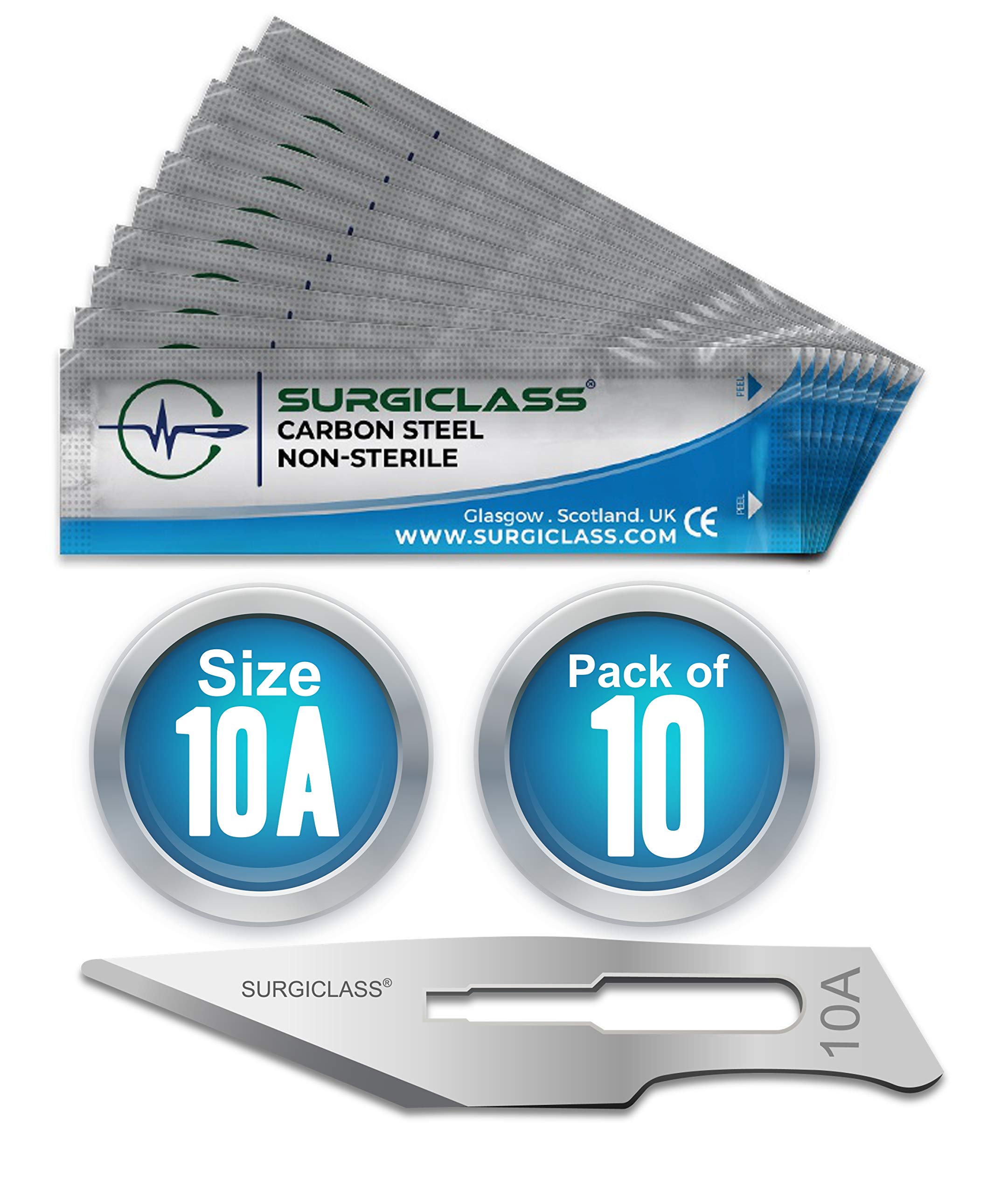 Scalpel Blades # 10A Carbon Steel Non Sterile Scalpel Surgical Blades Pack of 10 and Steel Handle for Wood Art, Surgical, Sculpting, Repairs, Lab Anatomy, Sign, Card Making Lab Training SURGIBL10A-10