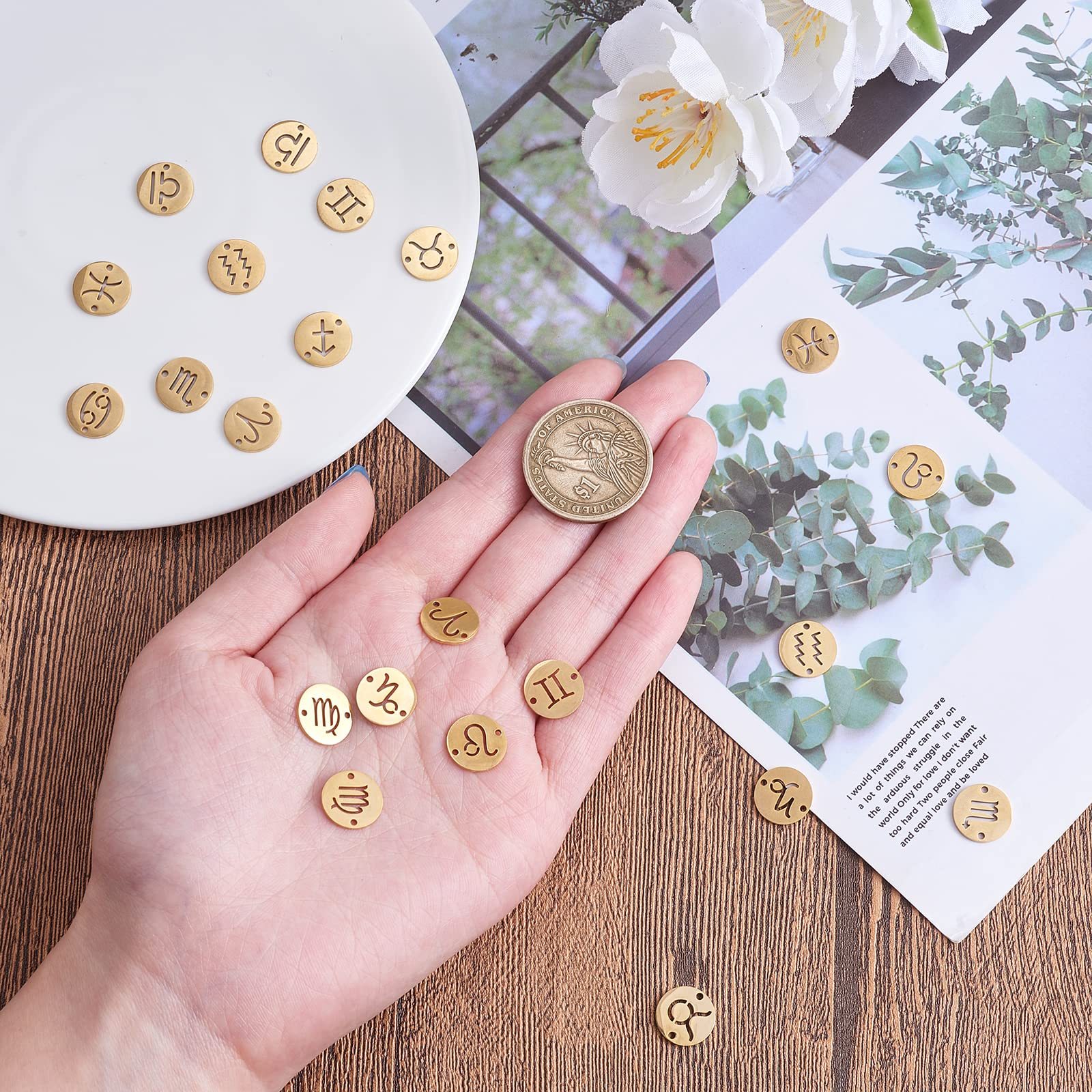 COGCHARGER 24 Pieces Constellations Zodiac Charm Connector Stainless Steel Zodiac Connector Golden for Jewellery Necklace Earring Making Crafts - Image 3