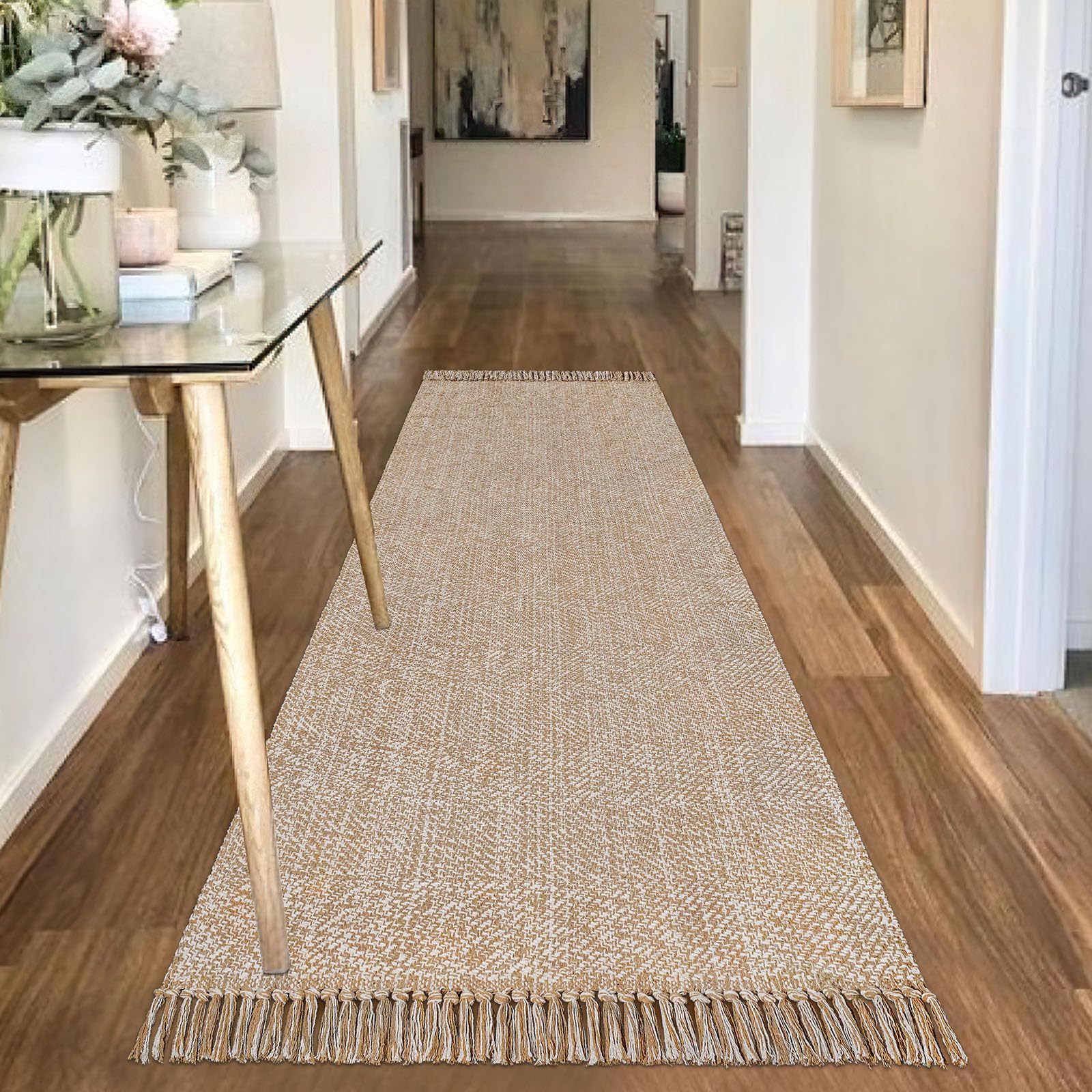 Tapis de couloir en coton tissé à la main de style bohème lavable à la main pour chambre à coucher, salon, salle de bain, évier, foyer, 7,8 x 2,44 m, kaki
