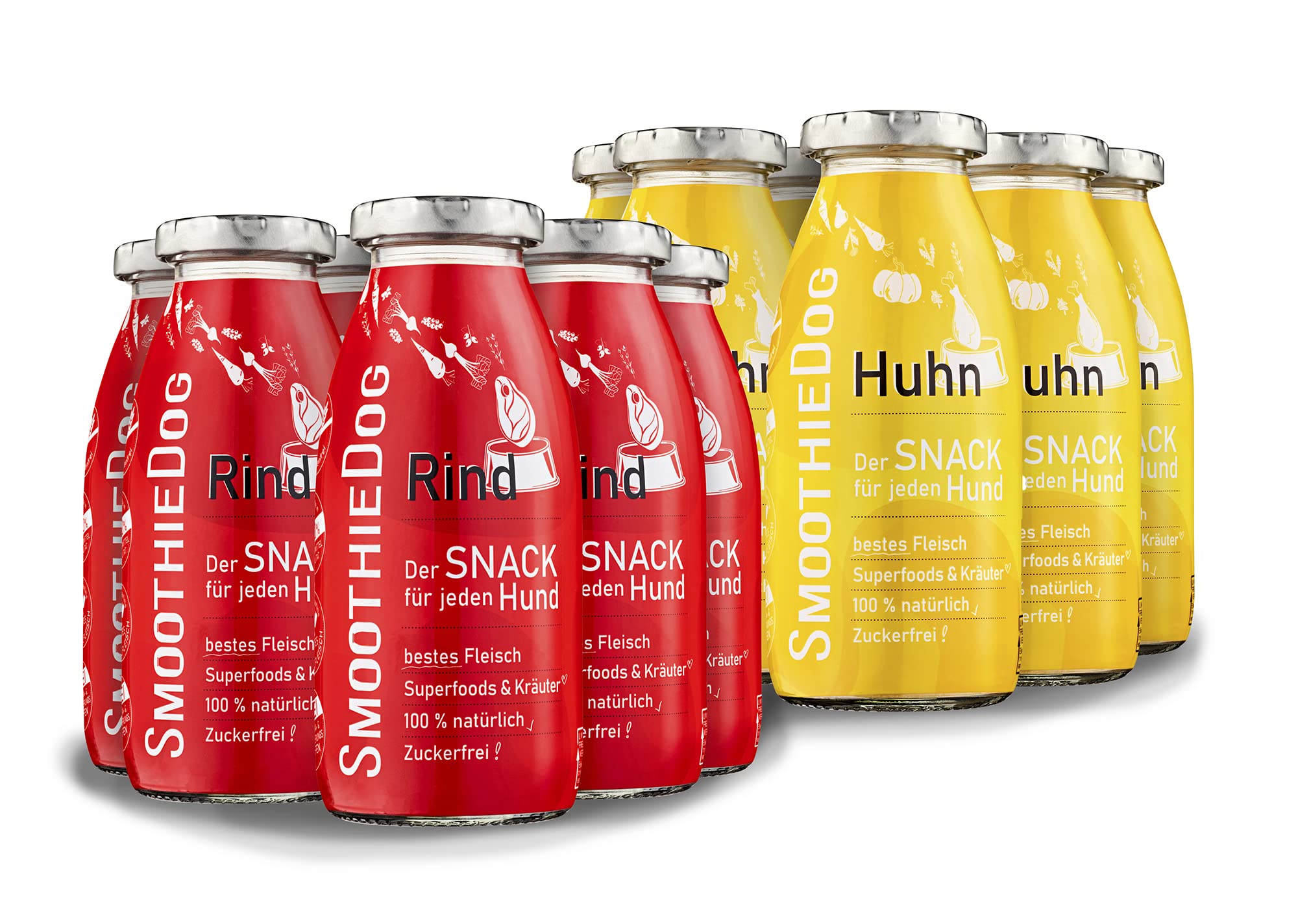 Hunde Smoothie SmoothieDog 12er Mix - je 6X: Huhn, Rind - Flüssiges Hundeleckerli - Zucker- & glutenfrei - je 250ml