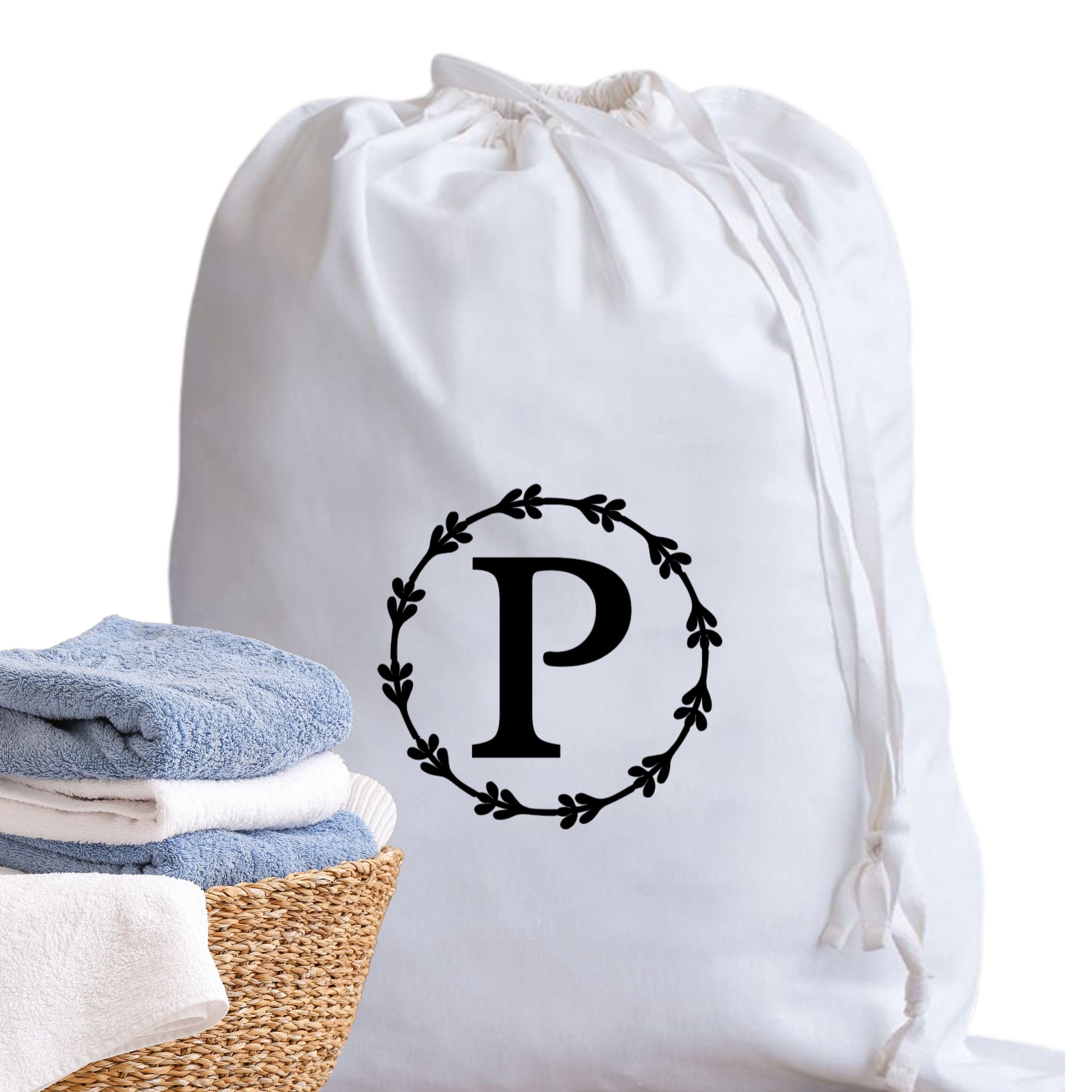 A-Z Cotton Laundry Bag Personalised Initial Gifts - Holiday Essentials Bathroom Accessory Dry Bag Drawstring Bags for Travel Camping University Essentials Personalised Gift Monogram P
