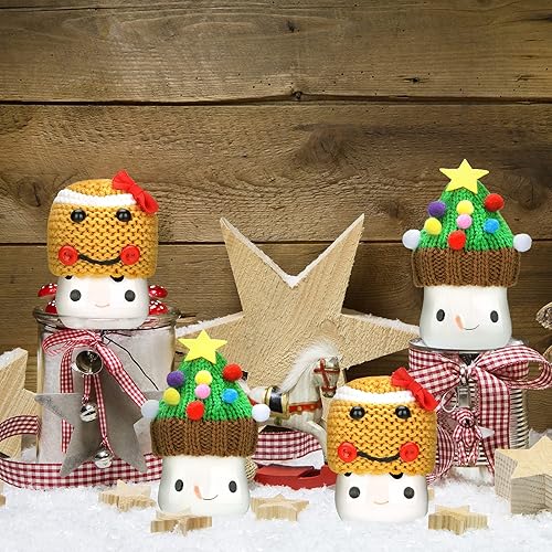 Miniatura 5 de Aoriher 4 piezas de taza de malvavisco de Navidad, sombrero de ganchillo para taza de ganchillo, mini taza de punto, tazas de cacao, decoración para