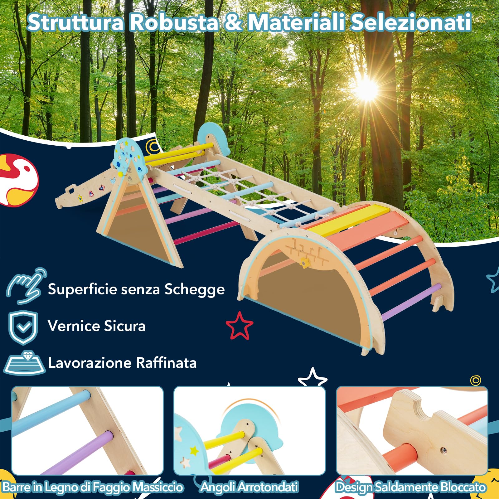 RELAX4LIFE Set da Arrampicata per Bambini, Triangolo di Arrampicata con Scivolo e Arco, Gioco di Incastri in Legno, Gioco Montessori per Bambini 1+ Anni