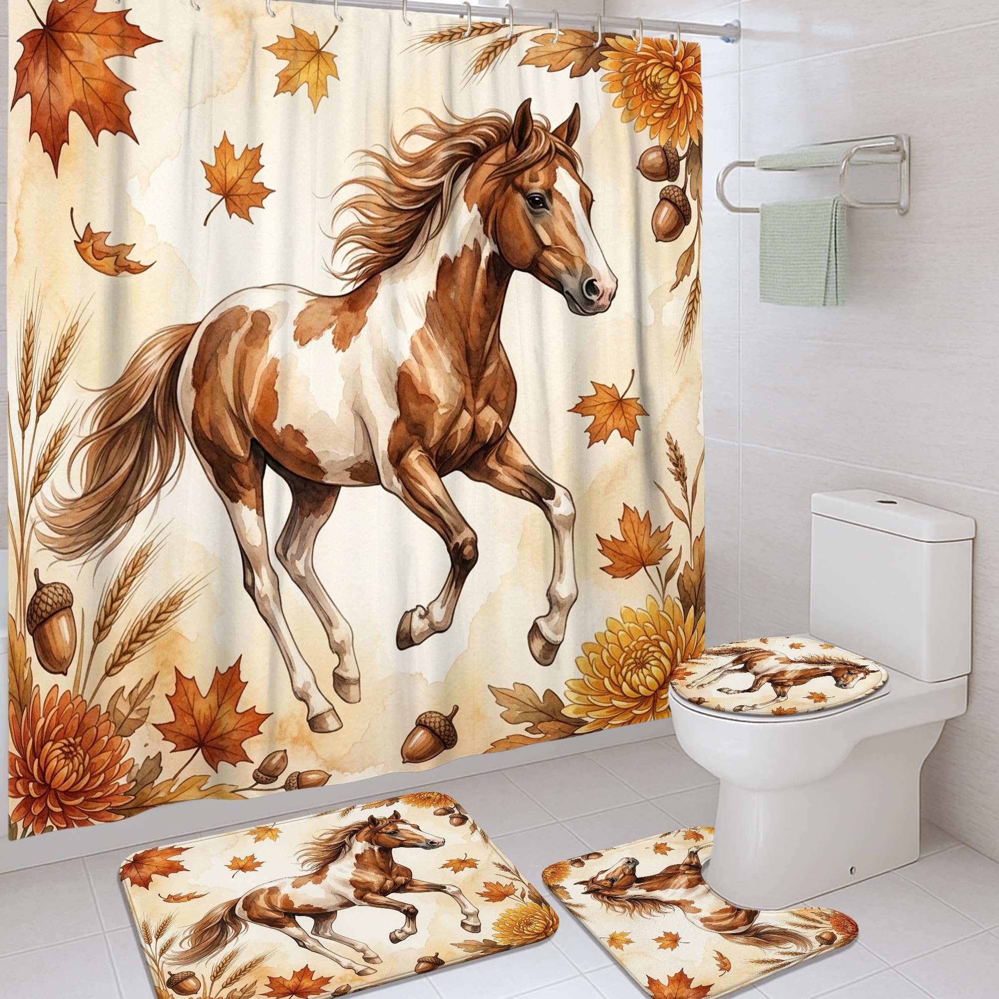 Rideau de douche rustique cheval 183x183cm et tapis de bain imperméable en polyester marron