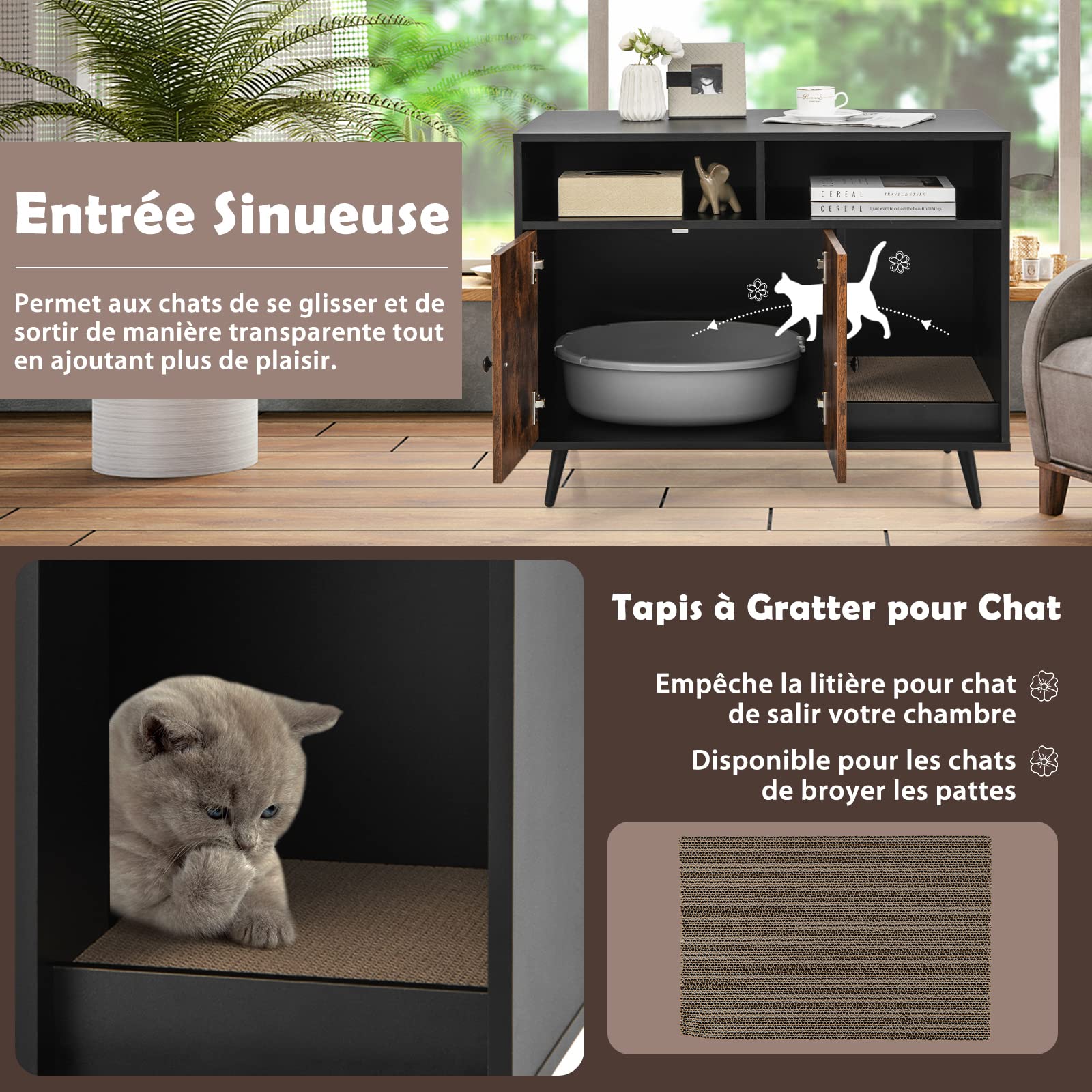 COSTWAY Meuble Litière Chat avec Griffoir Industriel, Maison de Toilette Chat Anti-basculement 2 Étagères de Rangement, Pieds Métalliques Inclinées, 90x50x70cm
