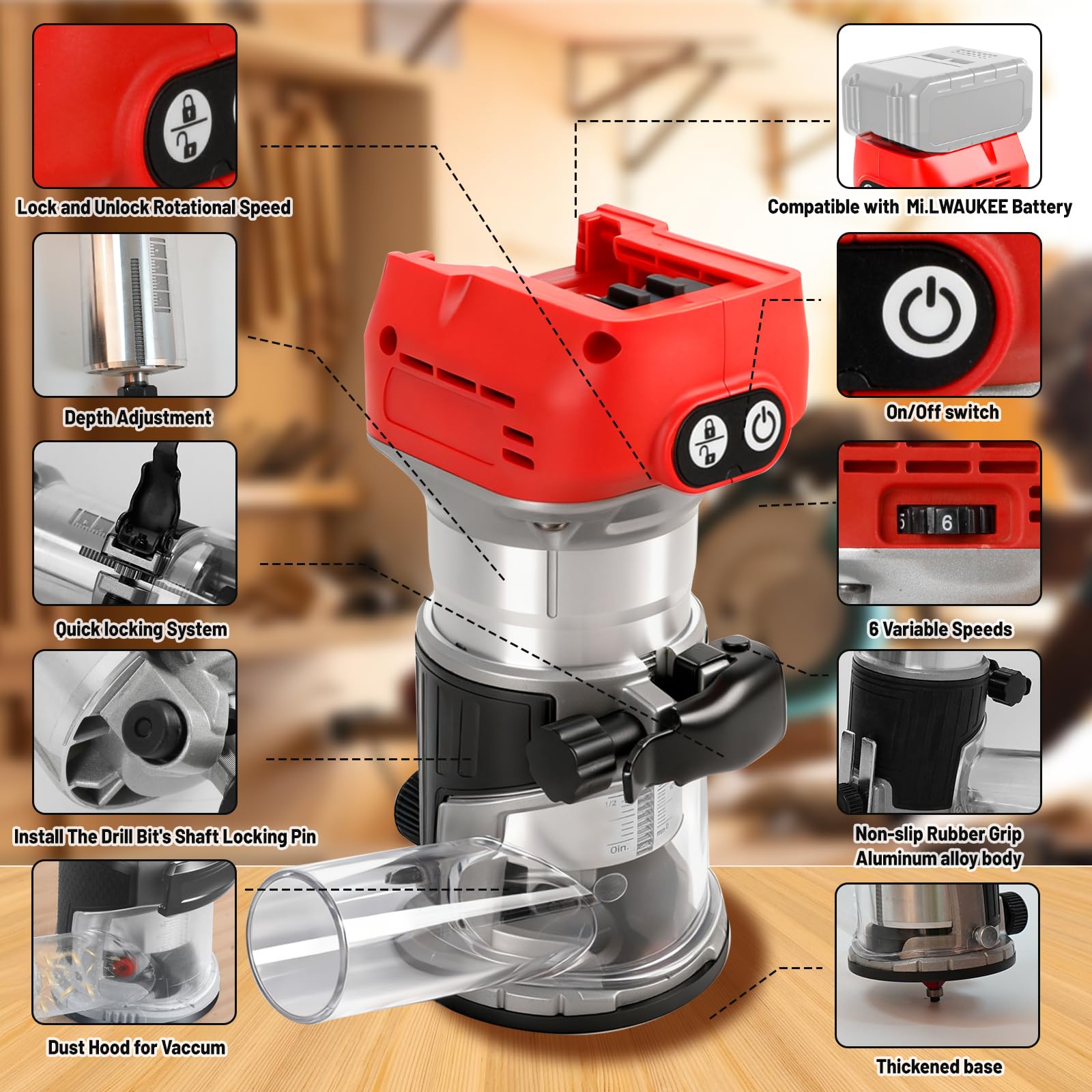 Défonceuse à bois sans fil pour batterie Milwaukee 18 V, défonceuse manuelle de 800 W pour le travail du bois, 6 vitesses 10 000 à 30 000 tr/min