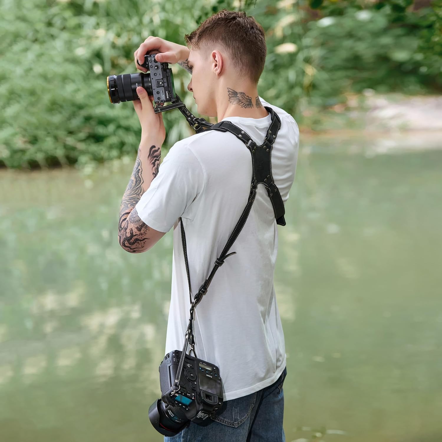 Padwa Lifestyle Black Frosted Dual Camera Harness Strap with Padded for Two Cameras -Full Grain Leather Dual Camera Harness,Multi Camera Gear for DSLR/SLR Strap,Double Camera Harness for Photographers - Image 3