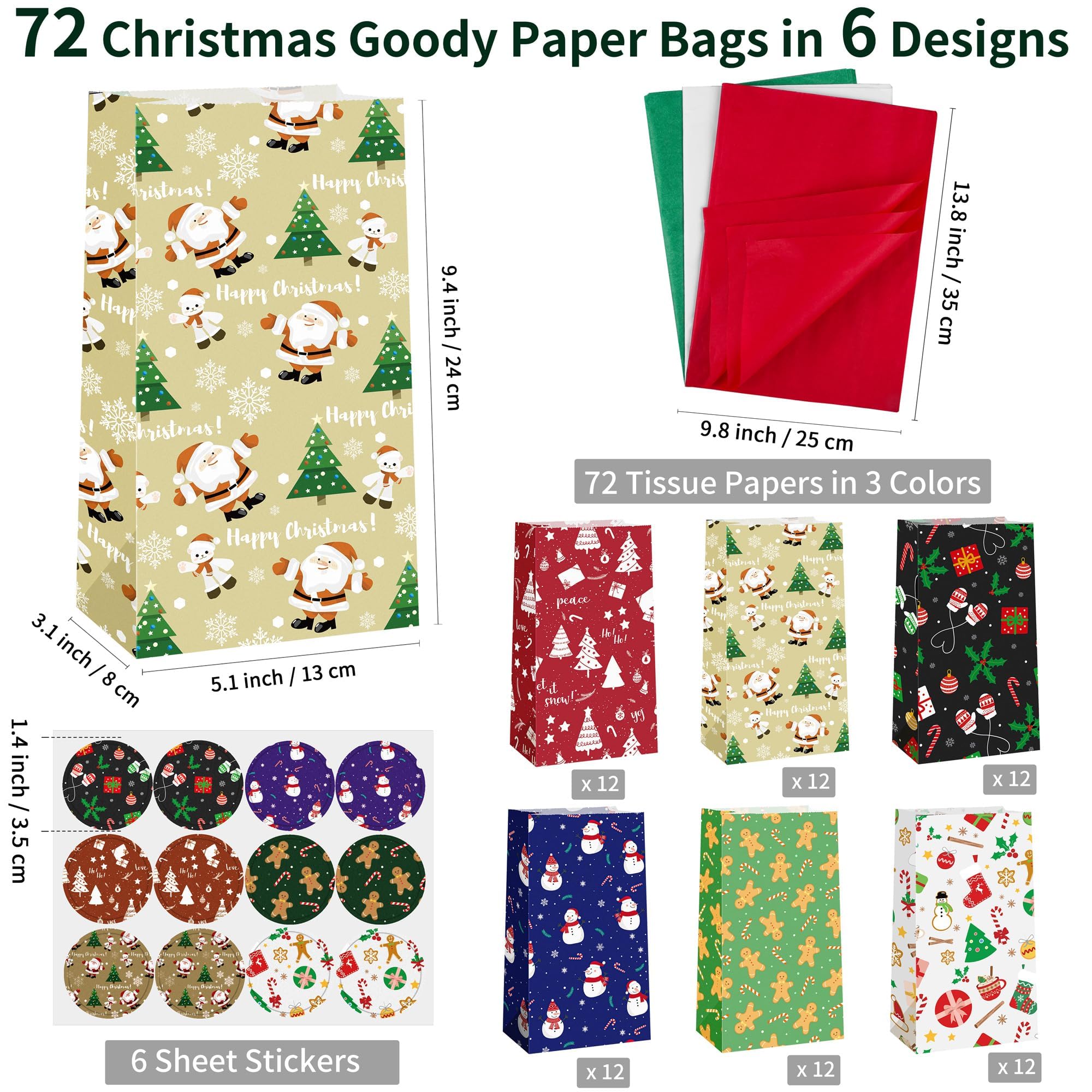 MIMIND 72 sacchetti di carta con 6 adesivi di stile e 3 carta velina colorata per feste di Natale