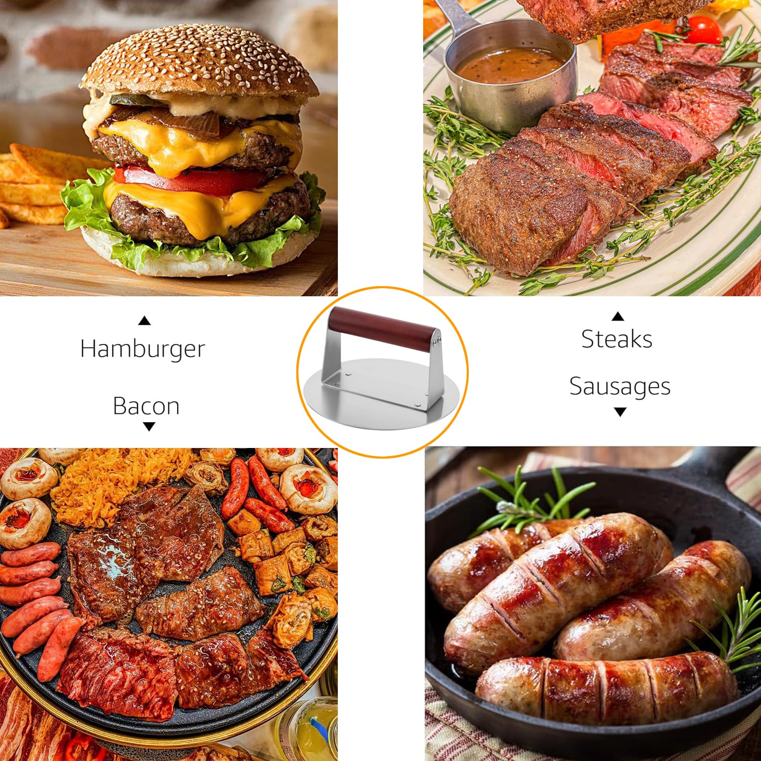 Presse à hamburger - Avec poignée en bois - 16 cm - En acier inoxydable - Pour barbecue plat, presse à hamburger et graisse à presser - Facile à nettoyer