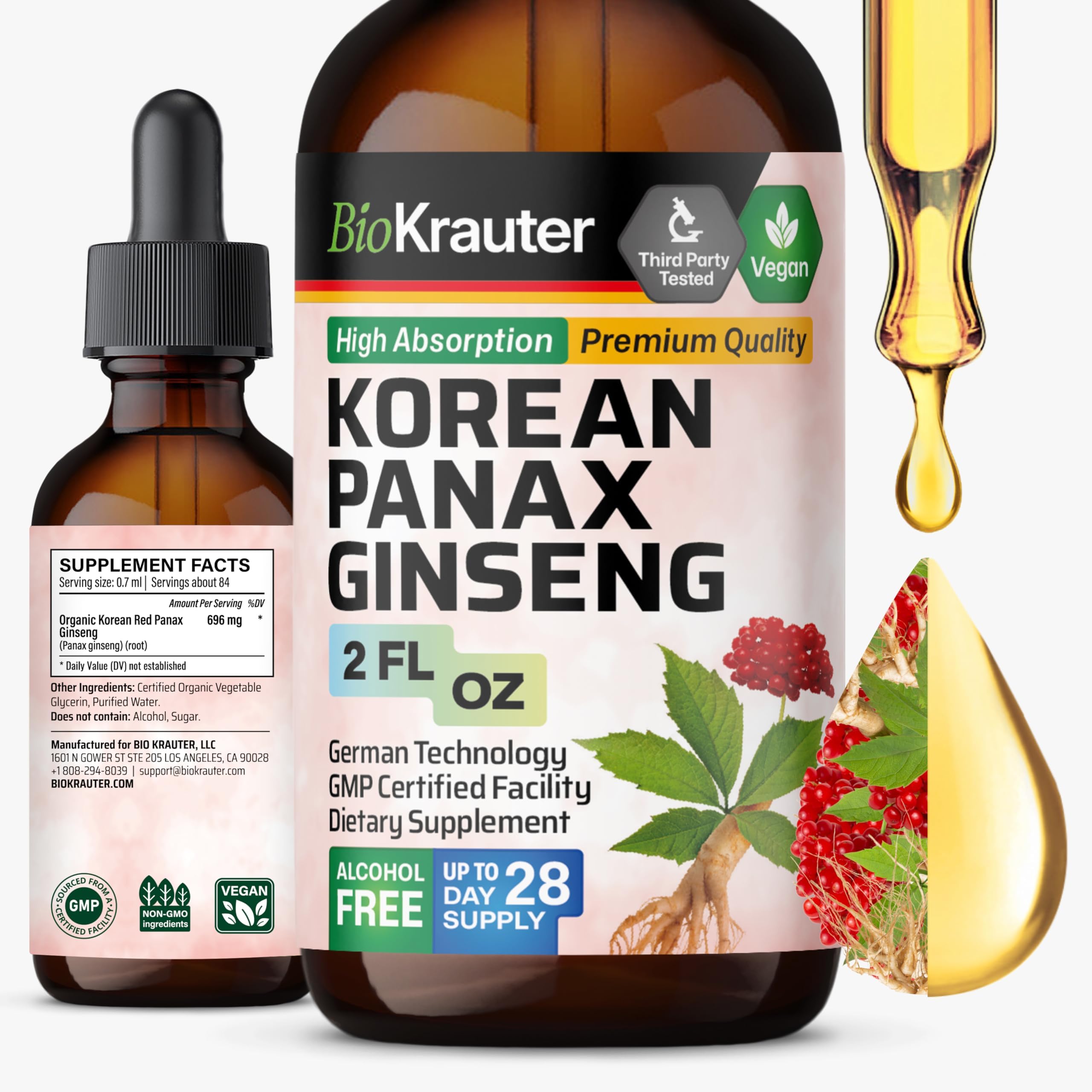 BIO KRAUTERยฎ Ginseng Supplement - Pure Vegan Liquid Drops Korean Red Ginseng 696 mg per Serving 2 Fl.Oz 28-Day Supply - Used for Energy, Focus, Performance & Immune Support - Alcohol & Sugar Free