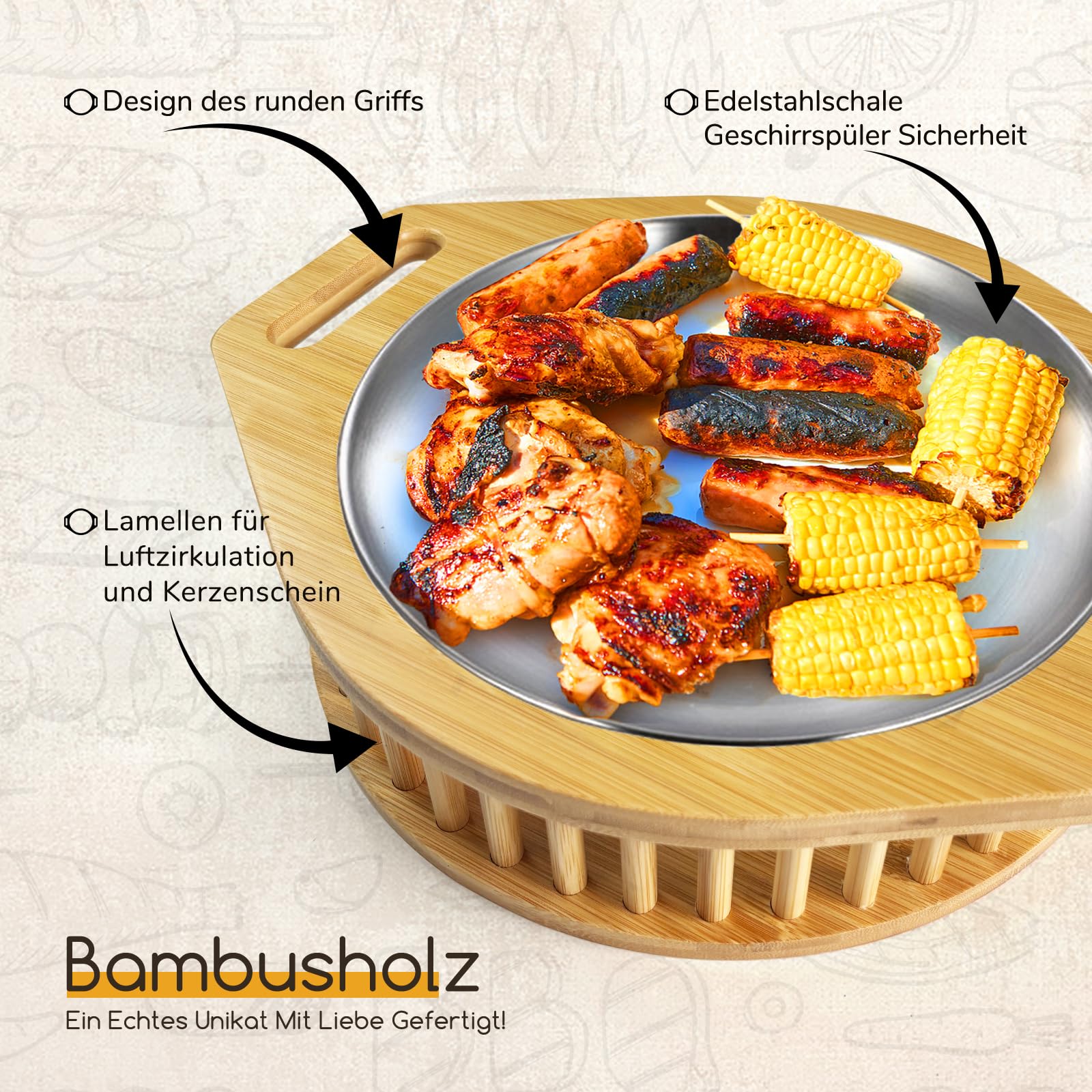 BBQ Warmhalteplatte - Warmhaltebehälter Grillgut Teelicht für Grillparty - Fleischwarmhalter für Grillen - Grillgut Warmhalten mit Edelstahlauflage und Tollem Holzdesign für Fleisch & Beilagen