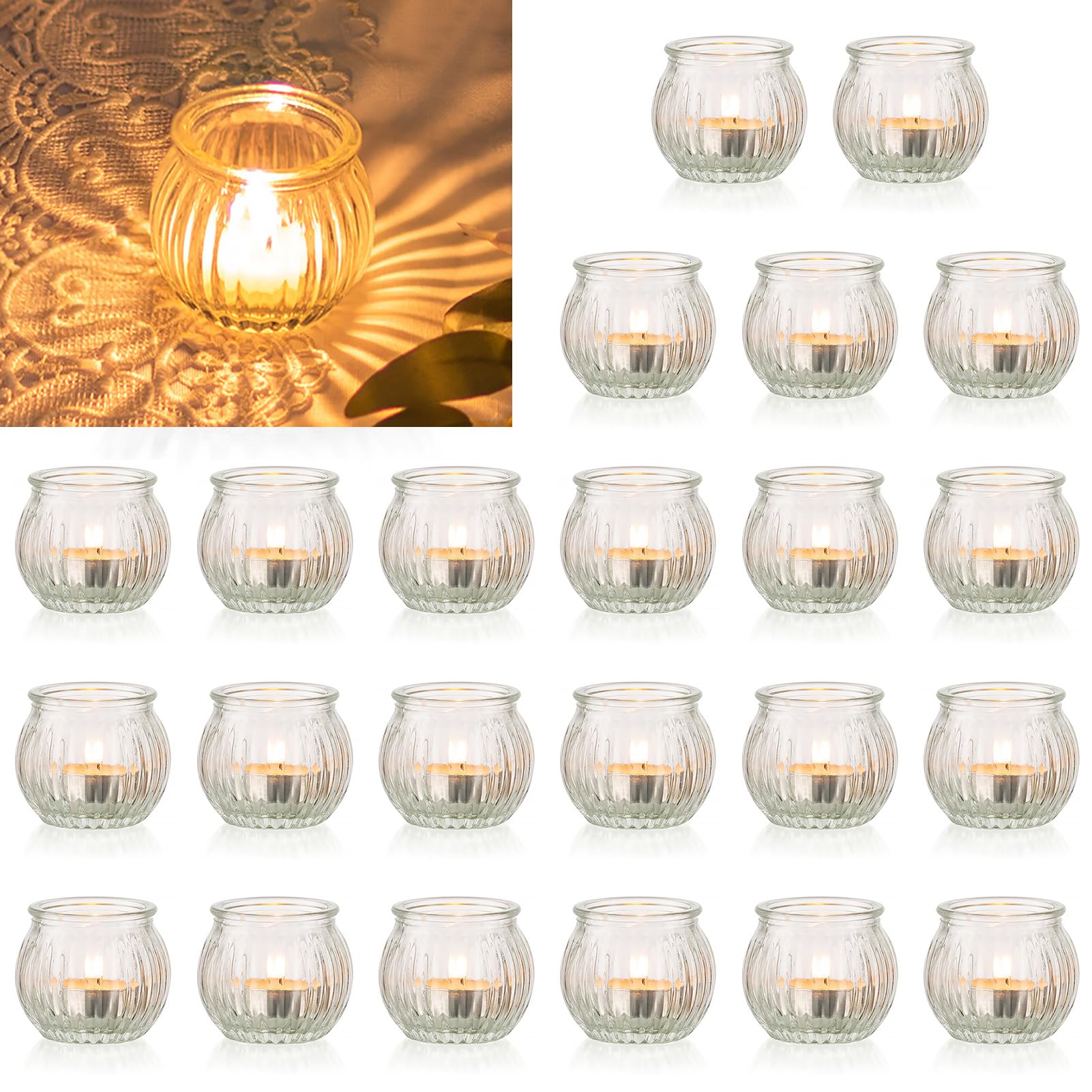 NUPTIO Portacandelitas de Vidrio: 24 Piezas Calabaza Claro Navidad Tea Light Titulares Pequeño Cristal Acanalado Vela de Té Boda Centro de Mesa Adornos de Navidad