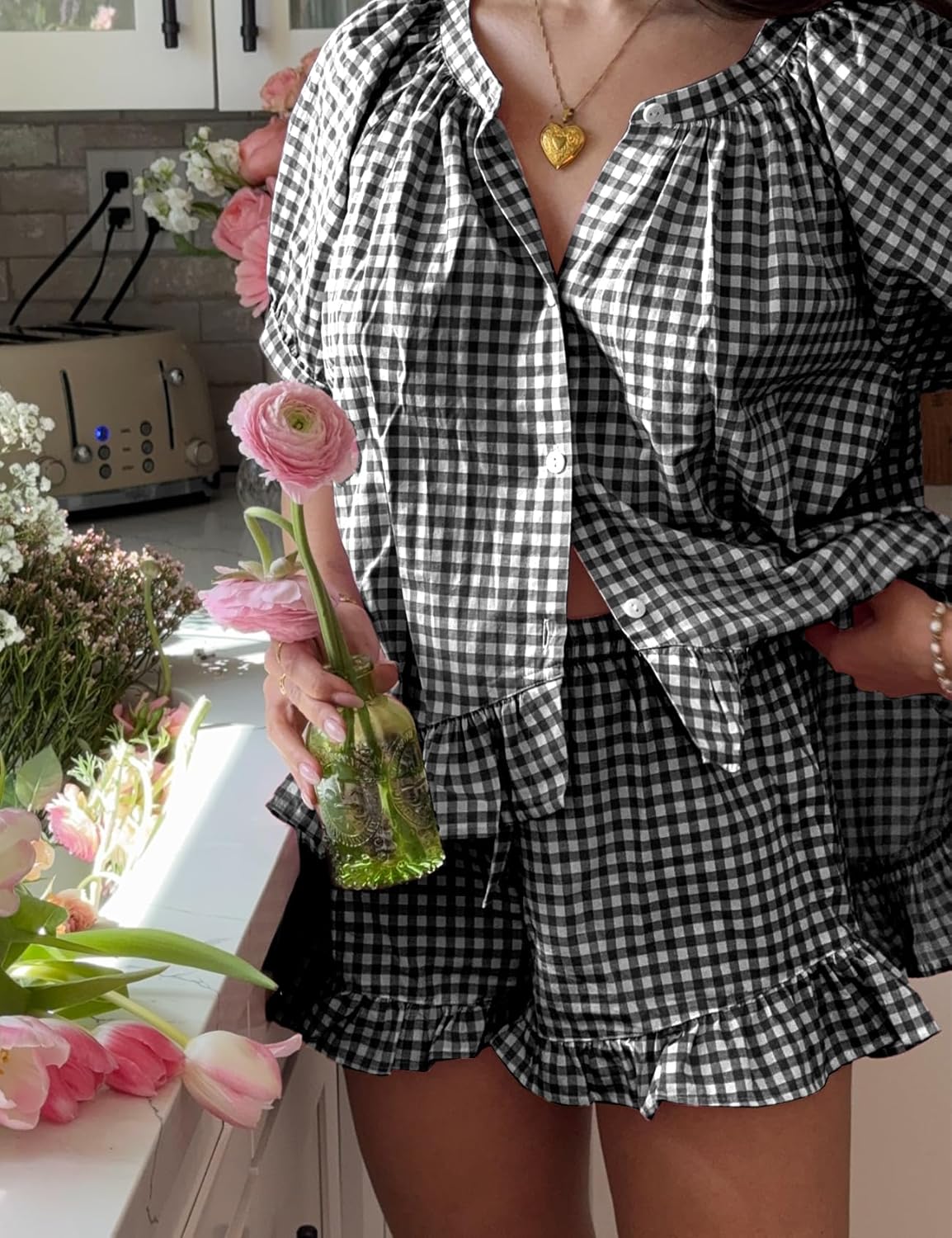 Yimoon Womens Gingham Pajamas Set Plaid Cotton Pj Set Puff Sleeve Ruffle Babydoll Shirt Shorts Summer 2 Piece Outfits - Image 2