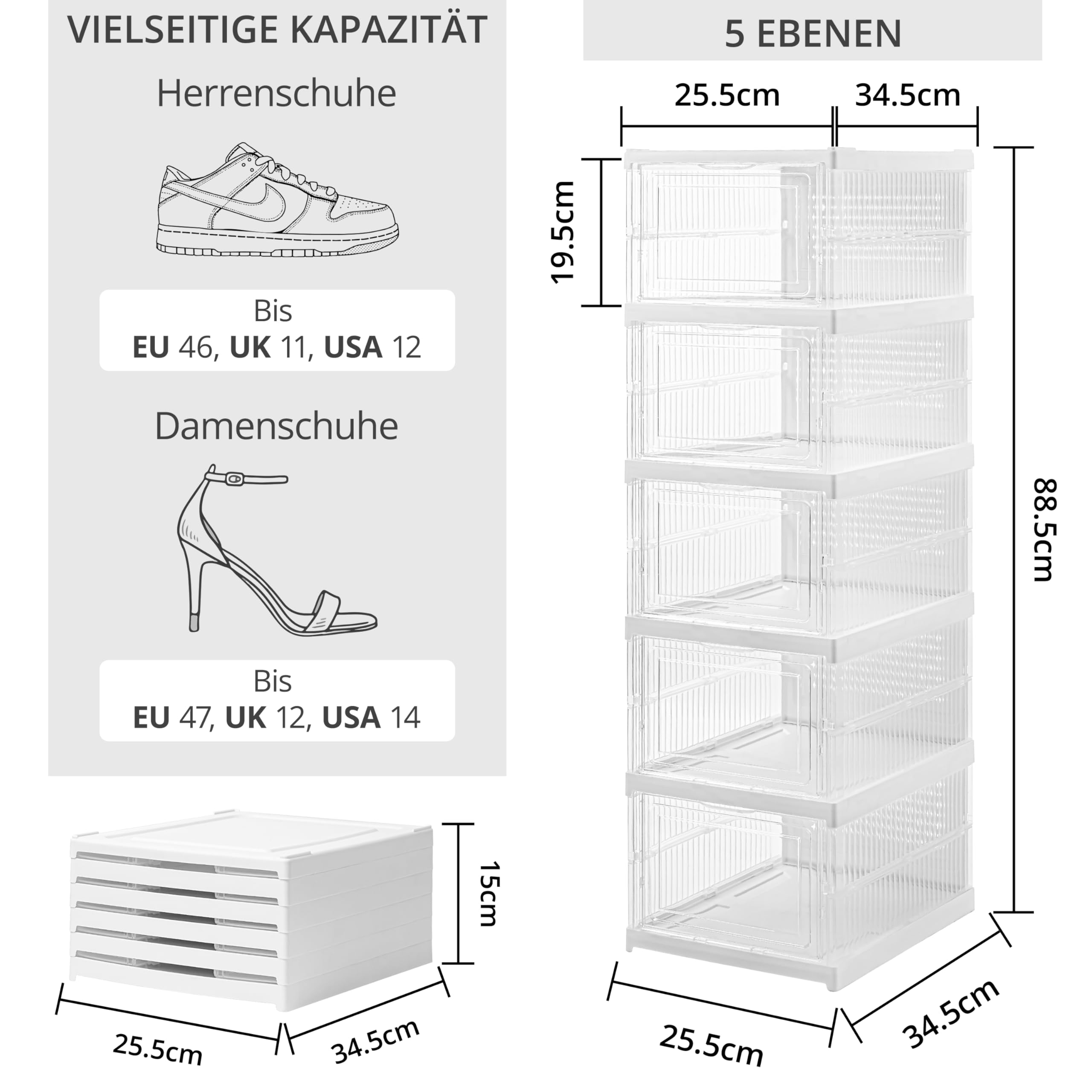 Winter Shore Faltbares Schuhregal mit 5 Ebenen - Schuhorganizer Platzsparend & Zusammenklappbar mit Türen - Transparente Schuhboxen Stapelbar für High Heels, Turnschuhe & Sneakers - Einfacher Aufbau