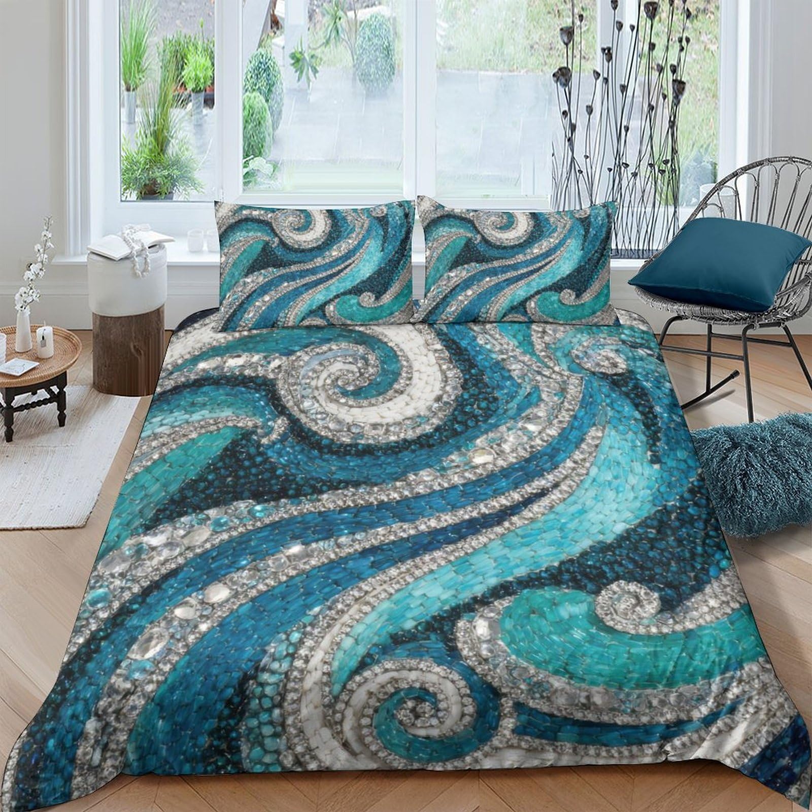 Ctjqhvkz Style-1 3D Printed Ocean Wave Fitted Sheet Microfiber Blue Swirl Glitter Mattress Cover For Bedroom Decor Protection Single（135X200cm）
