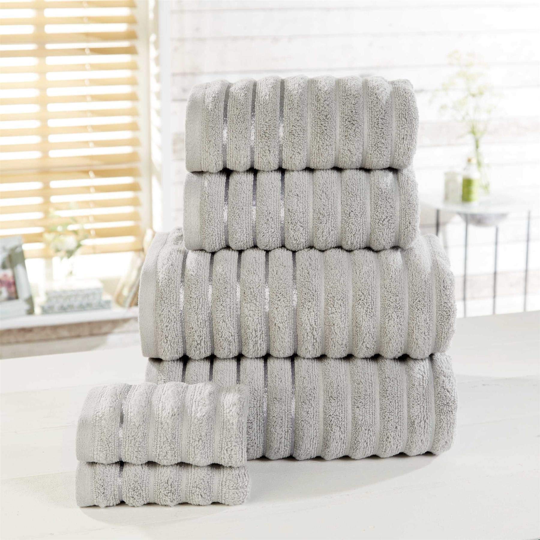 Rapport Ribbed 6 Piece 100% Cotton Towel Set, Silver, Bale