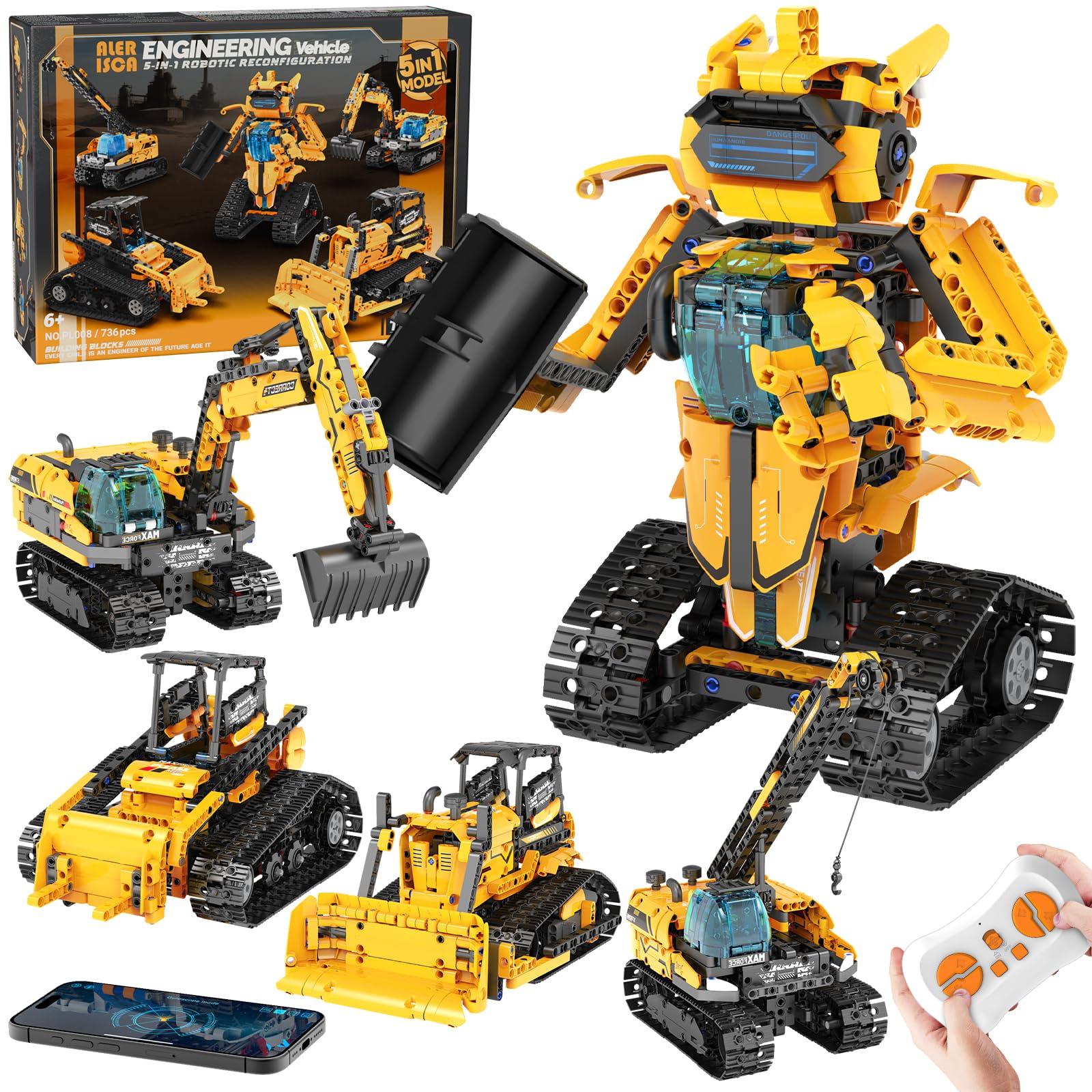 5in1 STEM Robot Building Kits for Kids 6-12, App & RC STEM Excavator Bulldozer Robot Building Toys, 736Pcs DIY Science Building Sets Erector Set for Boys Girls 6 7 8 9 10 11 12 13+ Birthday Xmas Gifts