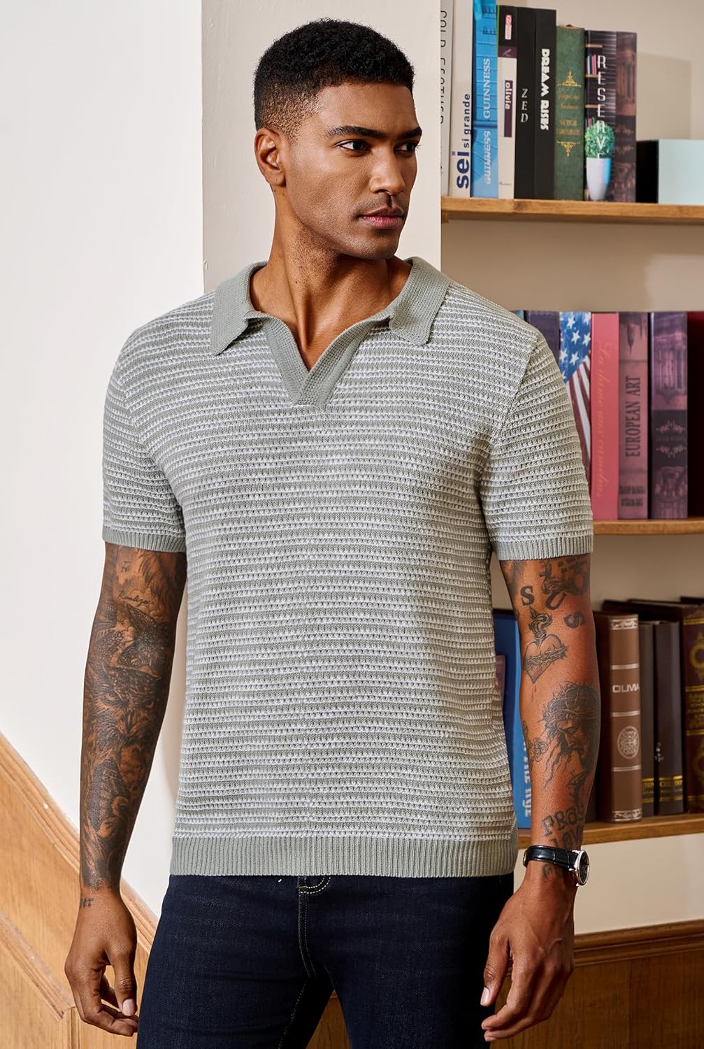 Men V Neck Polo Knit Striped Heavyweight Casual Poloshirts Summer Short Sleeve Shirt (S-XXL) - Image 3