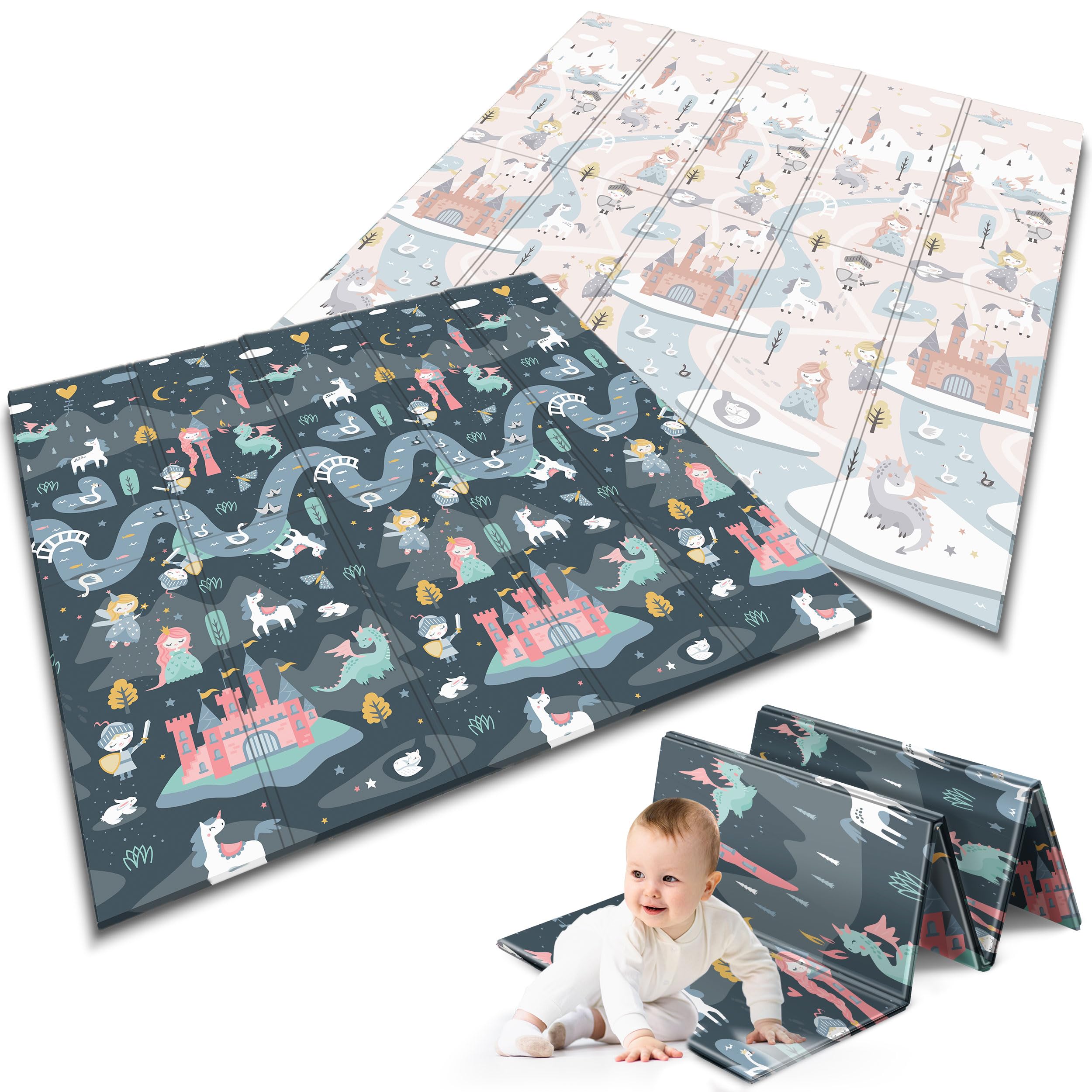 Nukido Doppelseitige Krabbelmatte Baby Krabbeldecke Matte Bodenmatratze Kinderzimmer Krabbelmatte Baby faltbar Bodenmatte Kinder Babyspielzeug 0-6 Monate Mehrfarbig 180x200x1 cm