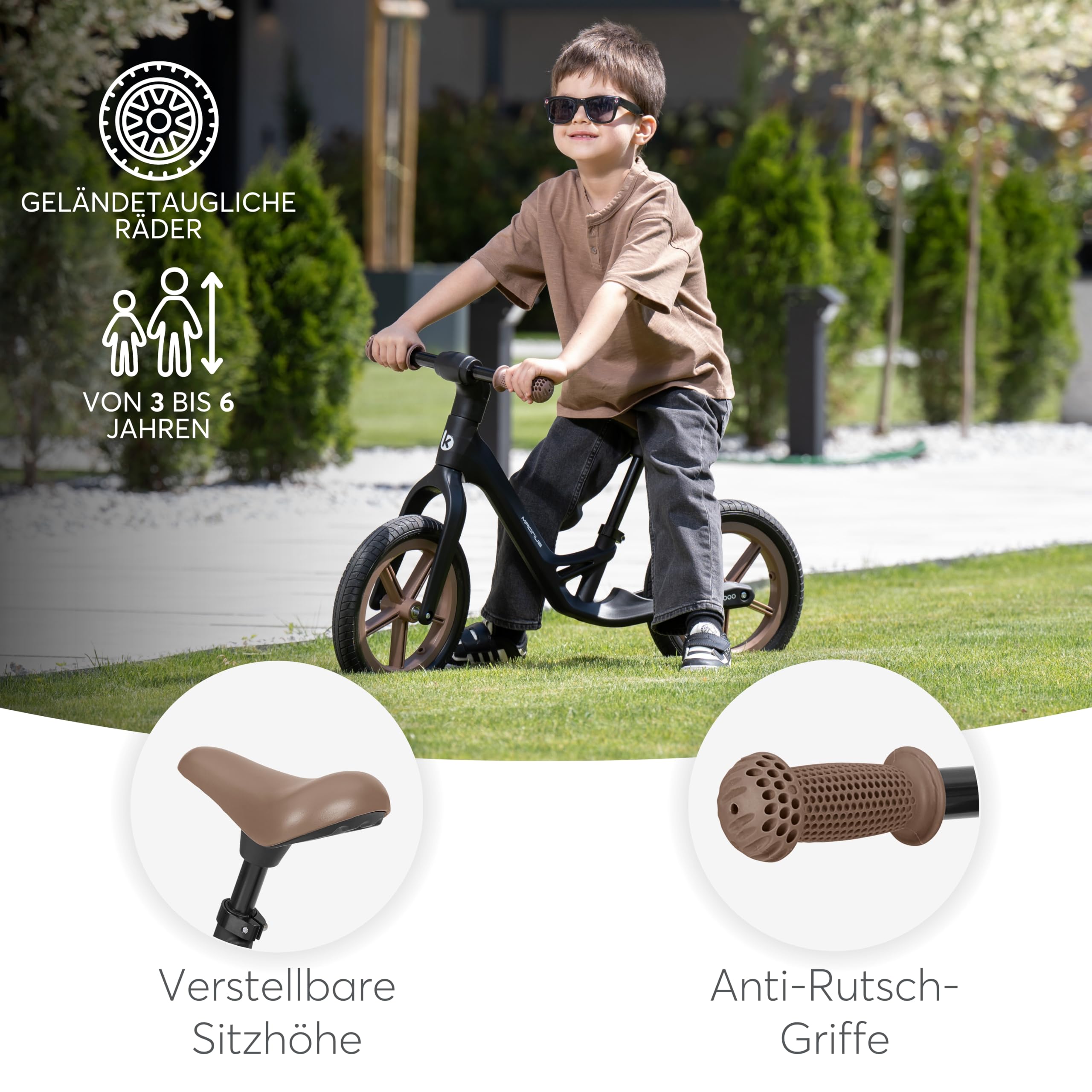 KikkaBoo Magnus Laufrad für Kinder 3–6 Jahre, Leichter Fiberglas Rahmen, Verstellbarer Sitz, rutschfeste Griffe, Robuste PU Räder